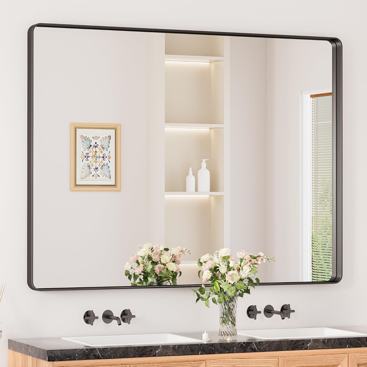 Keonjinn 20 x 30 Inch Brushed Nickel Bathroom Mirrors for Over Sink, Rounded Rectangle Silver Bathroom Vanity Mirror, Farmhouse Mirror for Wall, HD Tempered Glass, Anti-Rust Aluminum Alloy Mirror