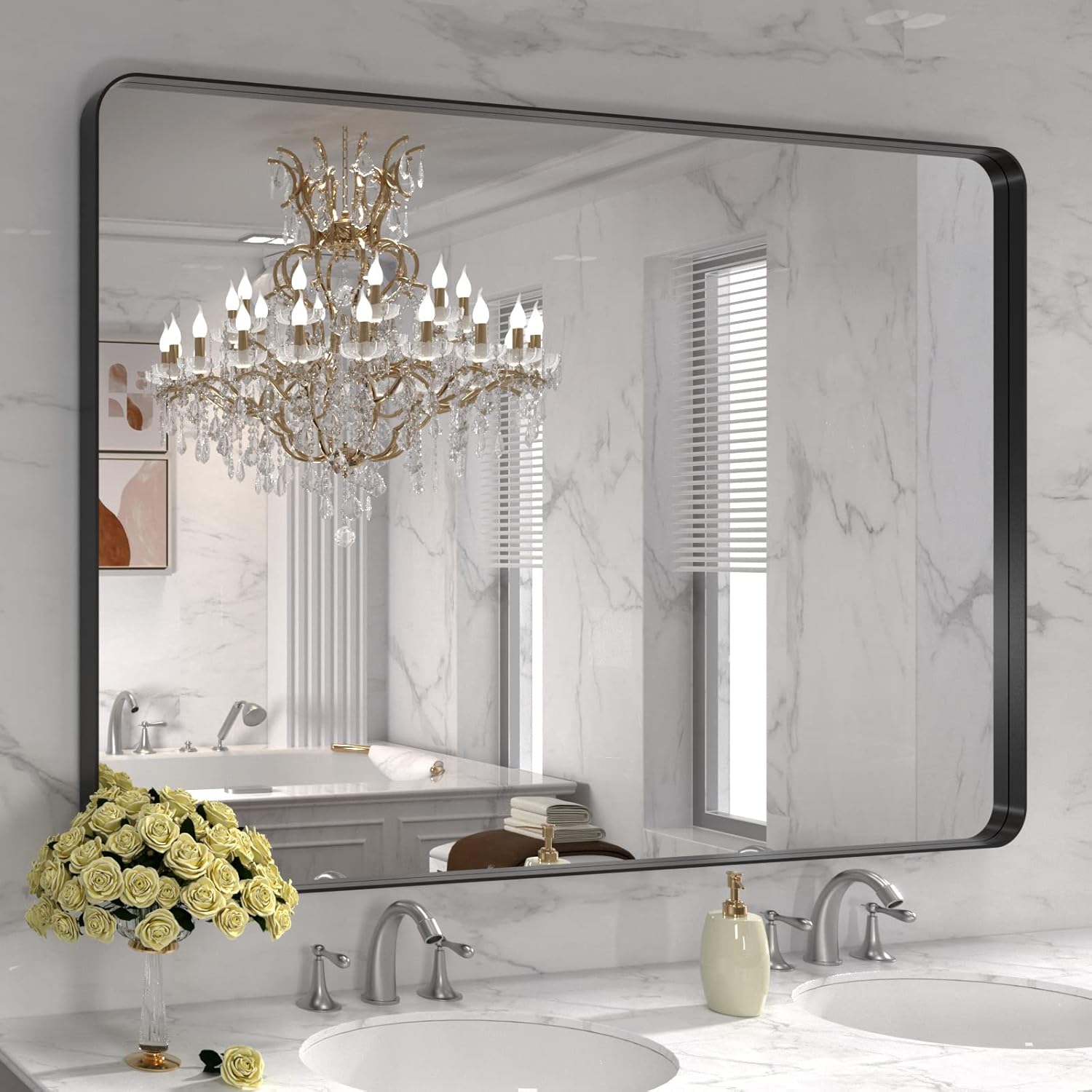 LOAAO 24”X36” Gold Bathroom Mirror, Rounded Rectangle Gold Frame Mirror, Brushed Gold Bathroom Vanity Mirror Wall-Mounted, Anti-Rust, Hangs Horizontally or Vertically