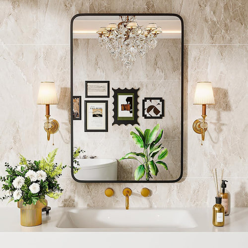 30" x 22" Bathroom Mirror Black Bathroom Mirrors for Over Sink Modern Bathroom Vanity Mirror for Bedroom Entryway or Living, Metal Framed HD Tempered Glass Room Horizontal or Vertical