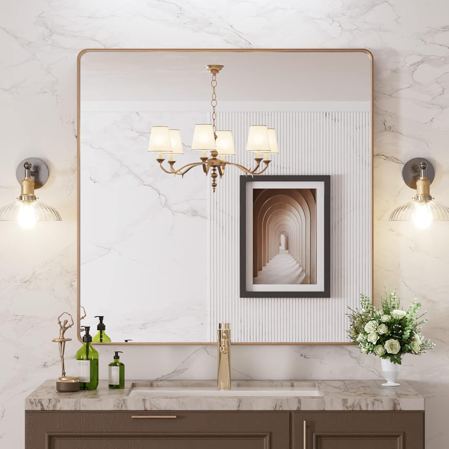LOAAO 24”X36” Gold Bathroom Mirror, Rounded Rectangle Gold Frame Mirror, Brushed Gold Bathroom Vanity Mirror Wall-Mounted, Anti-Rust, Hangs Horizontally or Vertically