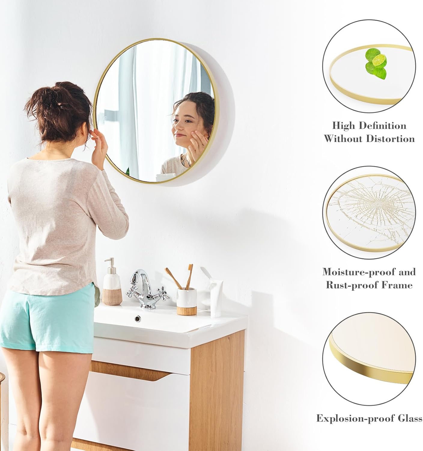 DUMOS Gold Circle Mirror for Wall 24.02 inch, Bathroom Round Mirror for Over Sink, Bathroom, Entryway, Bedroom, Vanity