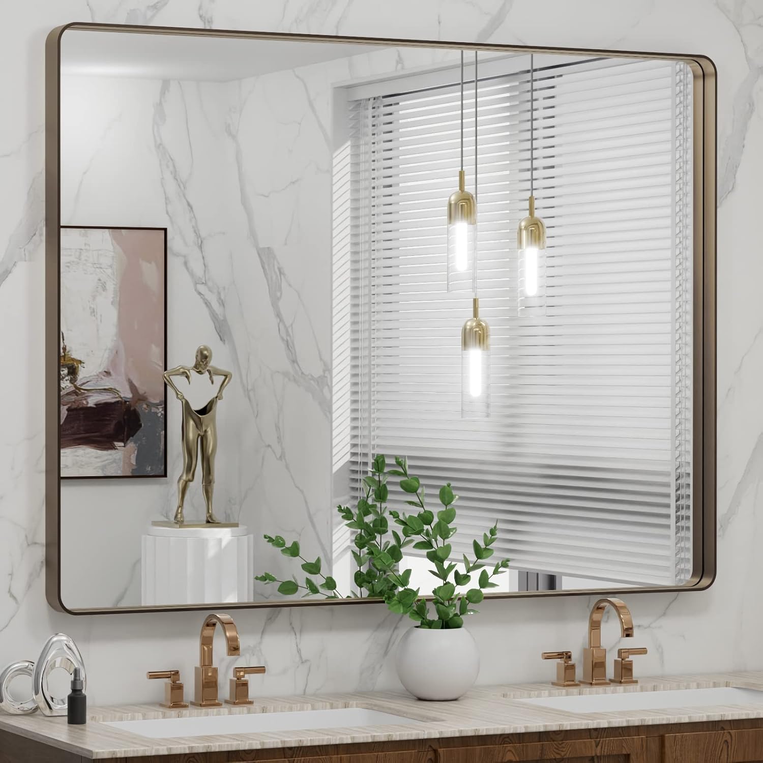 LOAAO 24”X36” Gold Bathroom Mirror, Rounded Rectangle Gold Frame Mirror, Brushed Gold Bathroom Vanity Mirror Wall-Mounted, Anti-Rust, Hangs Horizontally or Vertically