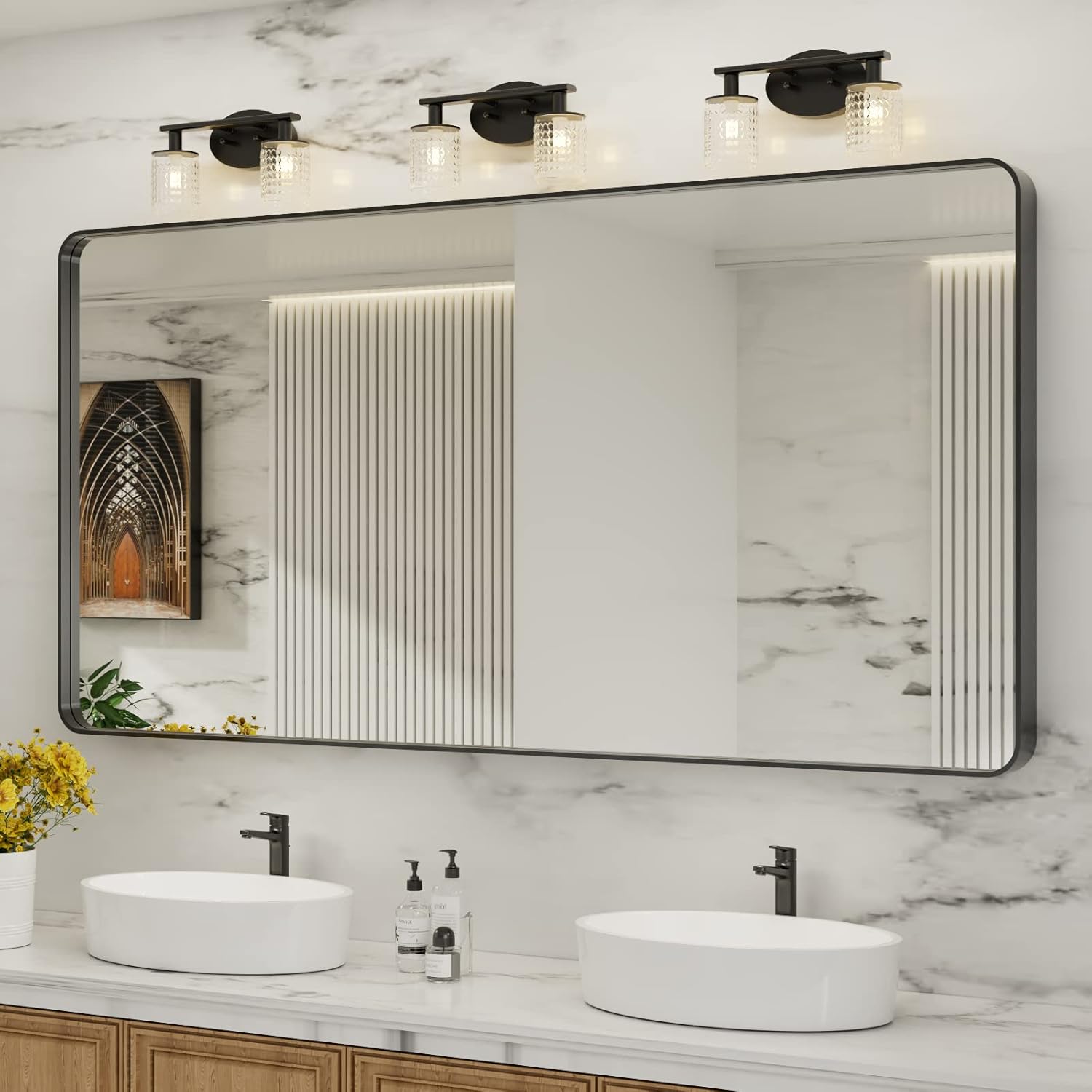 LOAAO 24”X36” Gold Bathroom Mirror, Rounded Rectangle Gold Frame Mirror, Brushed Gold Bathroom Vanity Mirror Wall-Mounted, Anti-Rust, Hangs Horizontally or Vertically