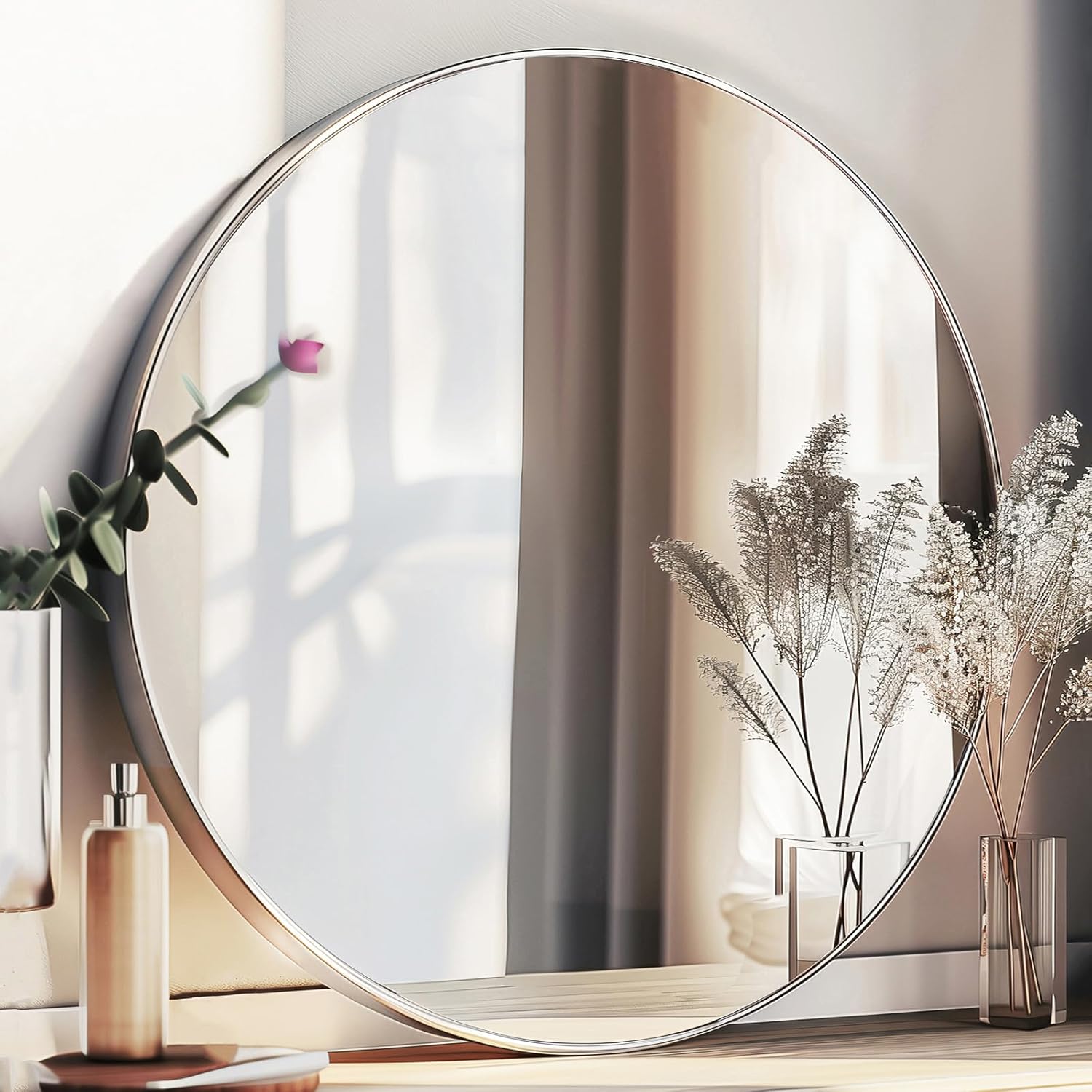 Black Round Mirror, Round Mirror 24 inch, Black Circle Mirrors Metal Frame, Wall Mounted Mirrors for Living Room, Bathroom, Wall, Entryway, Rustic.