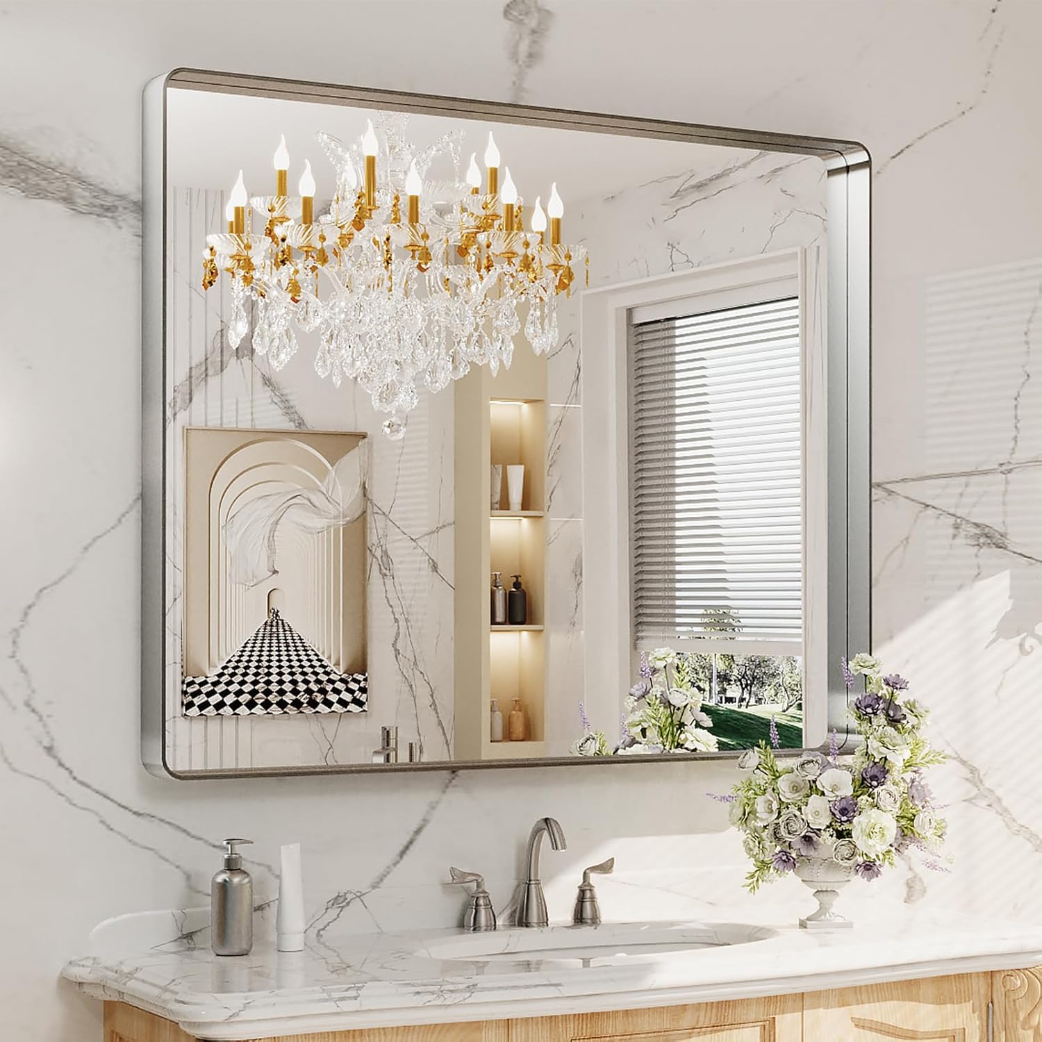 LOAAO 24”X36” Gold Bathroom Mirror, Rounded Rectangle Gold Frame Mirror, Brushed Gold Bathroom Vanity Mirror Wall-Mounted, Anti-Rust, Hangs Horizontally or Vertically