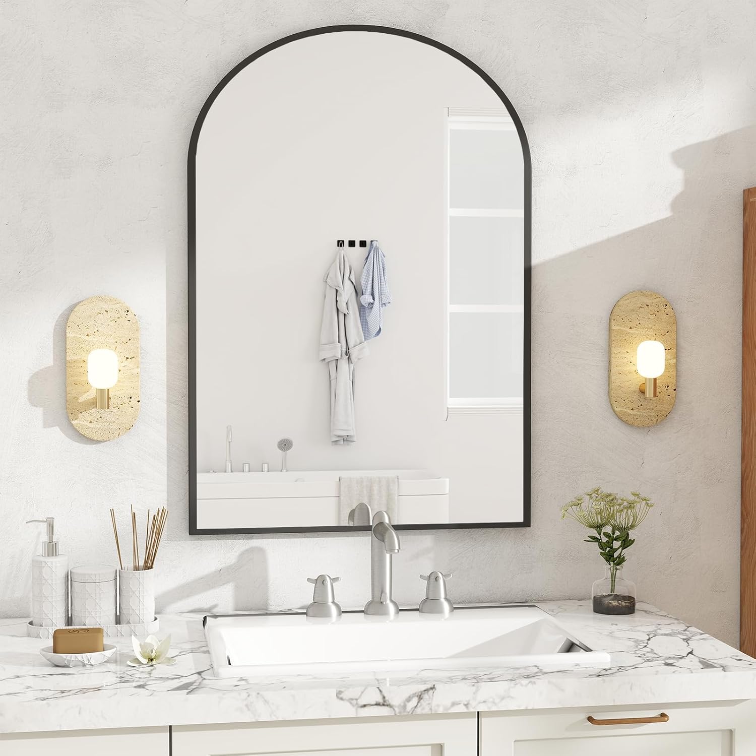 DUMOS Black Vanity Bathroom Mirror for Wall, Metal Framed Rounded Rectangular Modern Mirrors for Over Sink, 30x40 Inch for Farmhouse, Tempered Glass, Hangs Horizontally or Vertically
