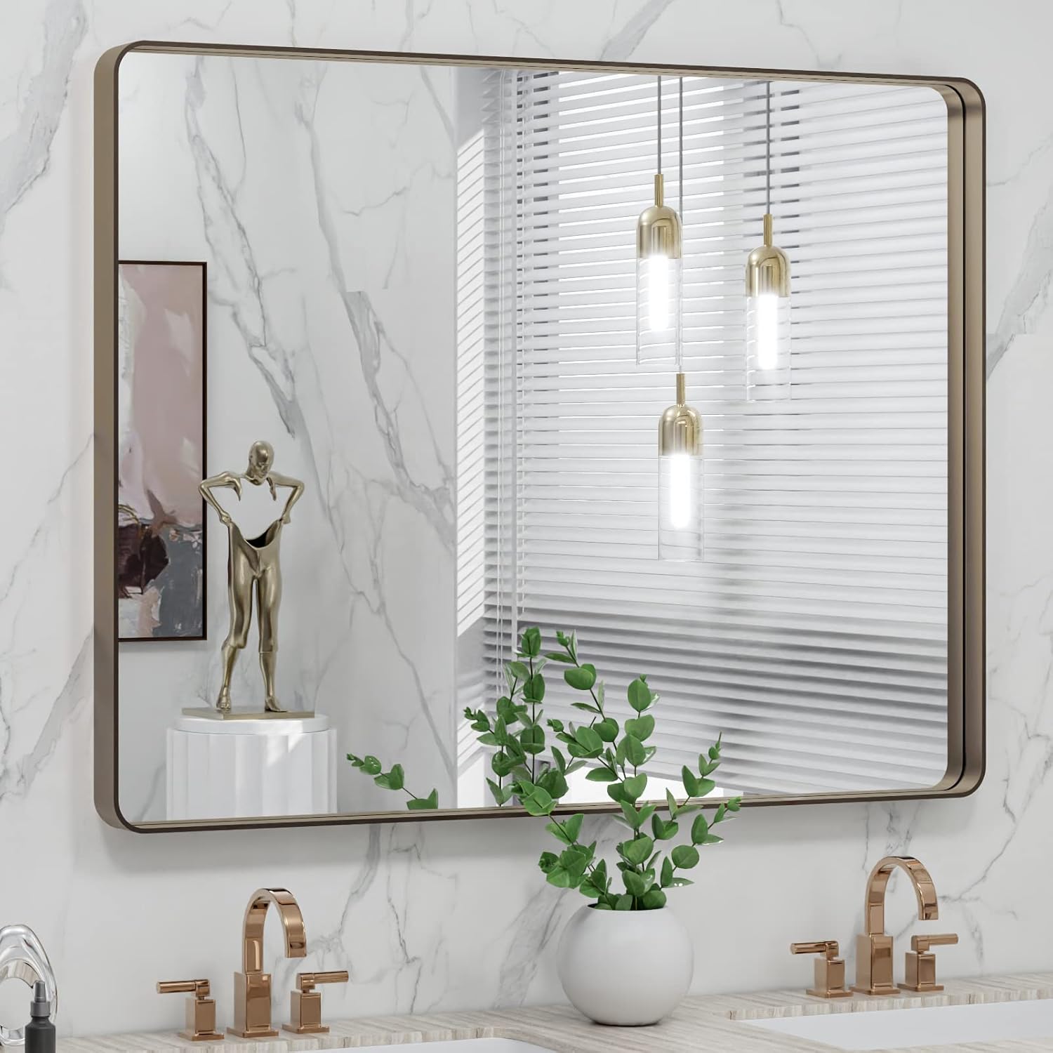 LOAAO 24”X36” Gold Bathroom Mirror, Rounded Rectangle Gold Frame Mirror, Brushed Gold Bathroom Vanity Mirror Wall-Mounted, Anti-Rust, Hangs Horizontally or Vertically