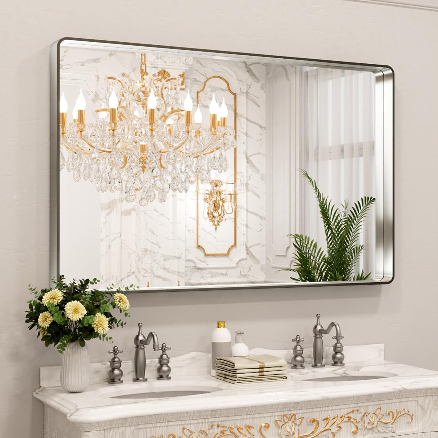 LOAAO 24”X36” Gold Bathroom Mirror, Rounded Rectangle Gold Frame Mirror, Brushed Gold Bathroom Vanity Mirror Wall-Mounted, Anti-Rust, Hangs Horizontally or Vertically