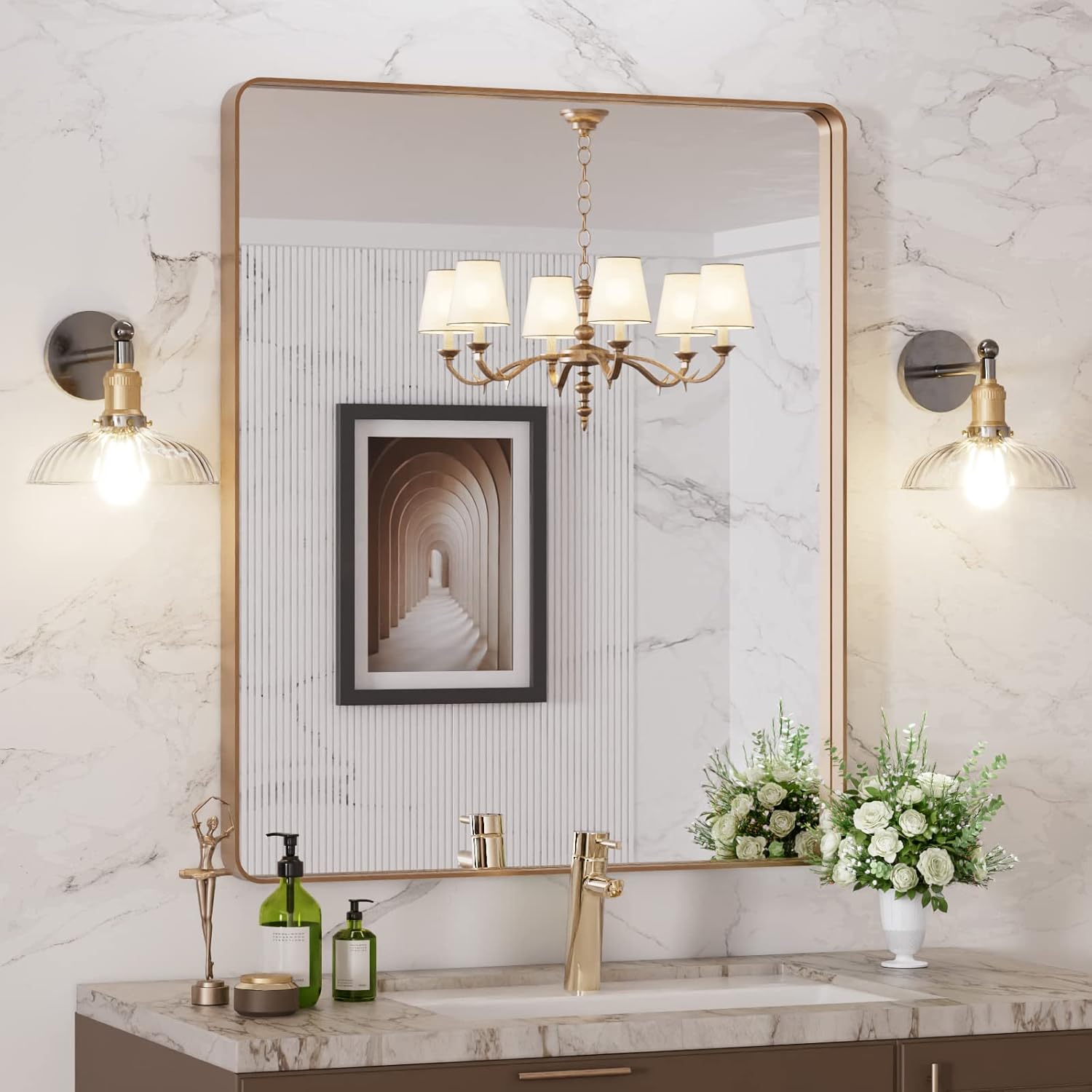 LOAAO 24”X36” Gold Bathroom Mirror, Rounded Rectangle Gold Frame Mirror, Brushed Gold Bathroom Vanity Mirror Wall-Mounted, Anti-Rust, Hangs Horizontally or Vertically