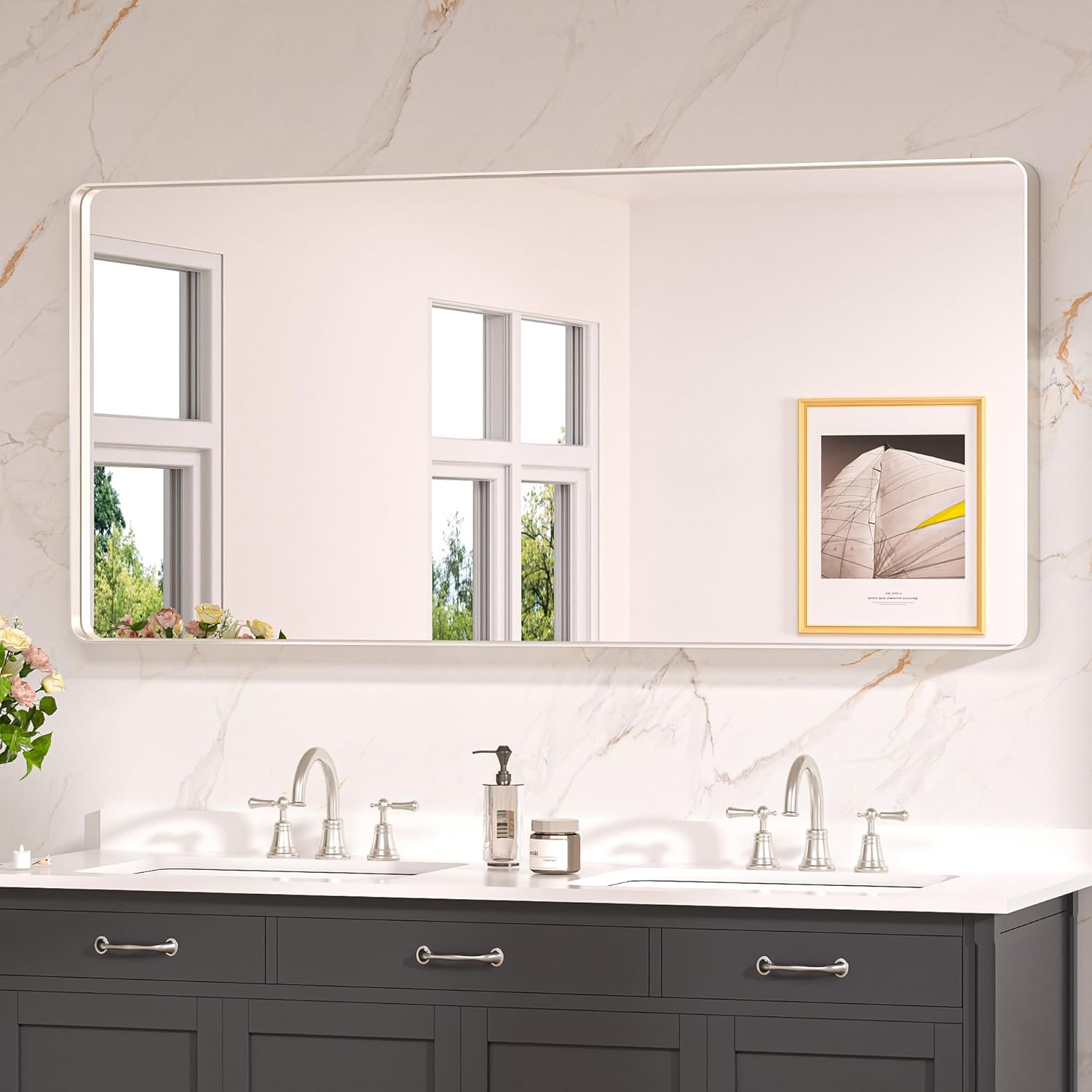 Keonjinn 20 x 30 Inch Brushed Nickel Bathroom Mirrors for Over Sink, Rounded Rectangle Silver Bathroom Vanity Mirror, Farmhouse Mirror for Wall, HD Tempered Glass, Anti-Rust Aluminum Alloy Mirror