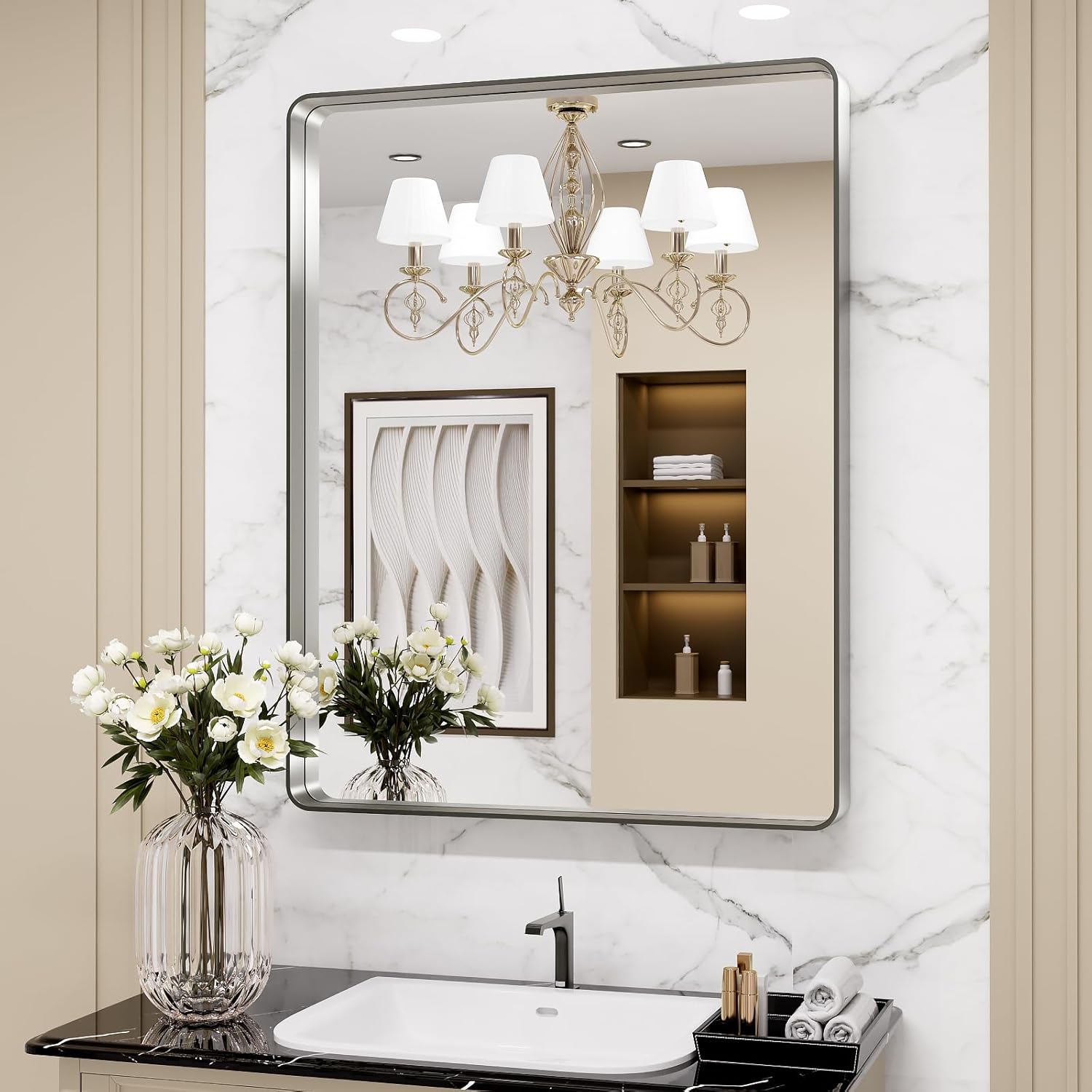 LOAAO 24”X36” Gold Bathroom Mirror, Rounded Rectangle Gold Frame Mirror, Brushed Gold Bathroom Vanity Mirror Wall-Mounted, Anti-Rust, Hangs Horizontally or Vertically