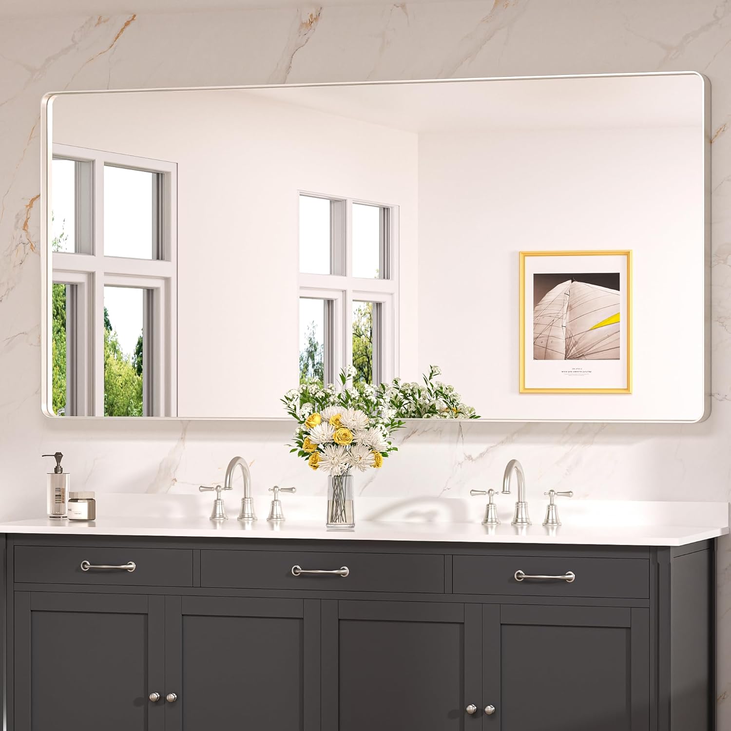 Keonjinn 20 x 30 Inch Brushed Nickel Bathroom Mirrors for Over Sink, Rounded Rectangle Silver Bathroom Vanity Mirror, Farmhouse Mirror for Wall, HD Tempered Glass, Anti-Rust Aluminum Alloy Mirror