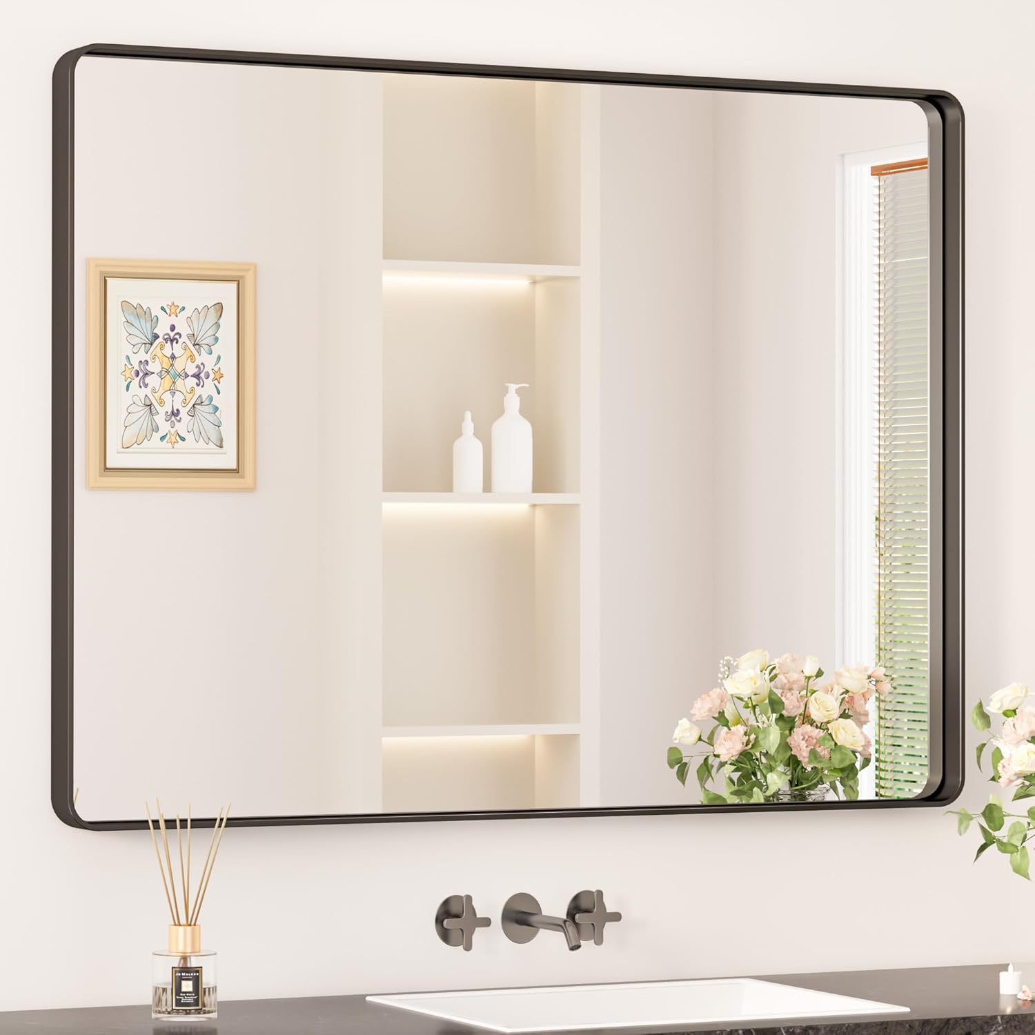 Keonjinn 20 x 30 Inch Brushed Nickel Bathroom Mirrors for Over Sink, Rounded Rectangle Silver Bathroom Vanity Mirror, Farmhouse Mirror for Wall, HD Tempered Glass, Anti-Rust Aluminum Alloy Mirror