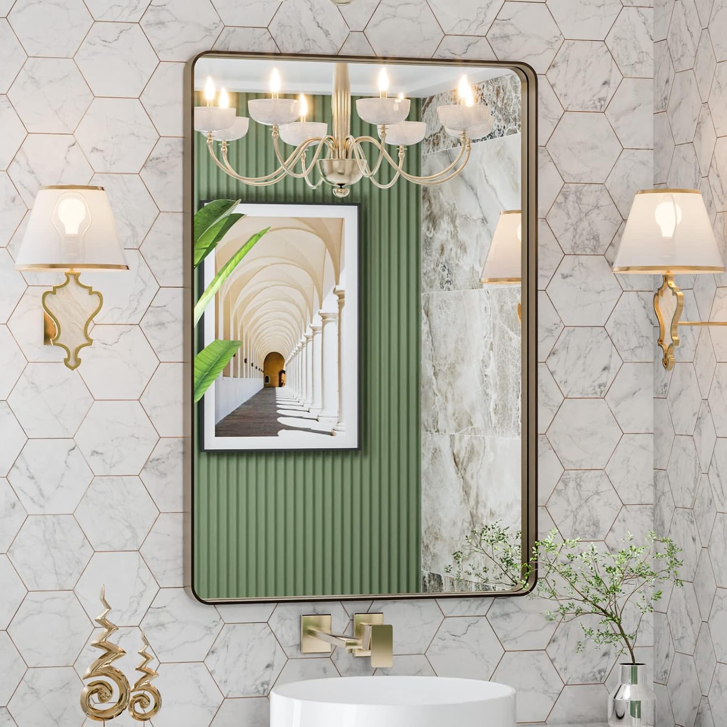 LOAAO 24”X36” Gold Bathroom Mirror, Rounded Rectangle Gold Frame Mirror, Brushed Gold Bathroom Vanity Mirror Wall-Mounted, Anti-Rust, Hangs Horizontally or Vertically