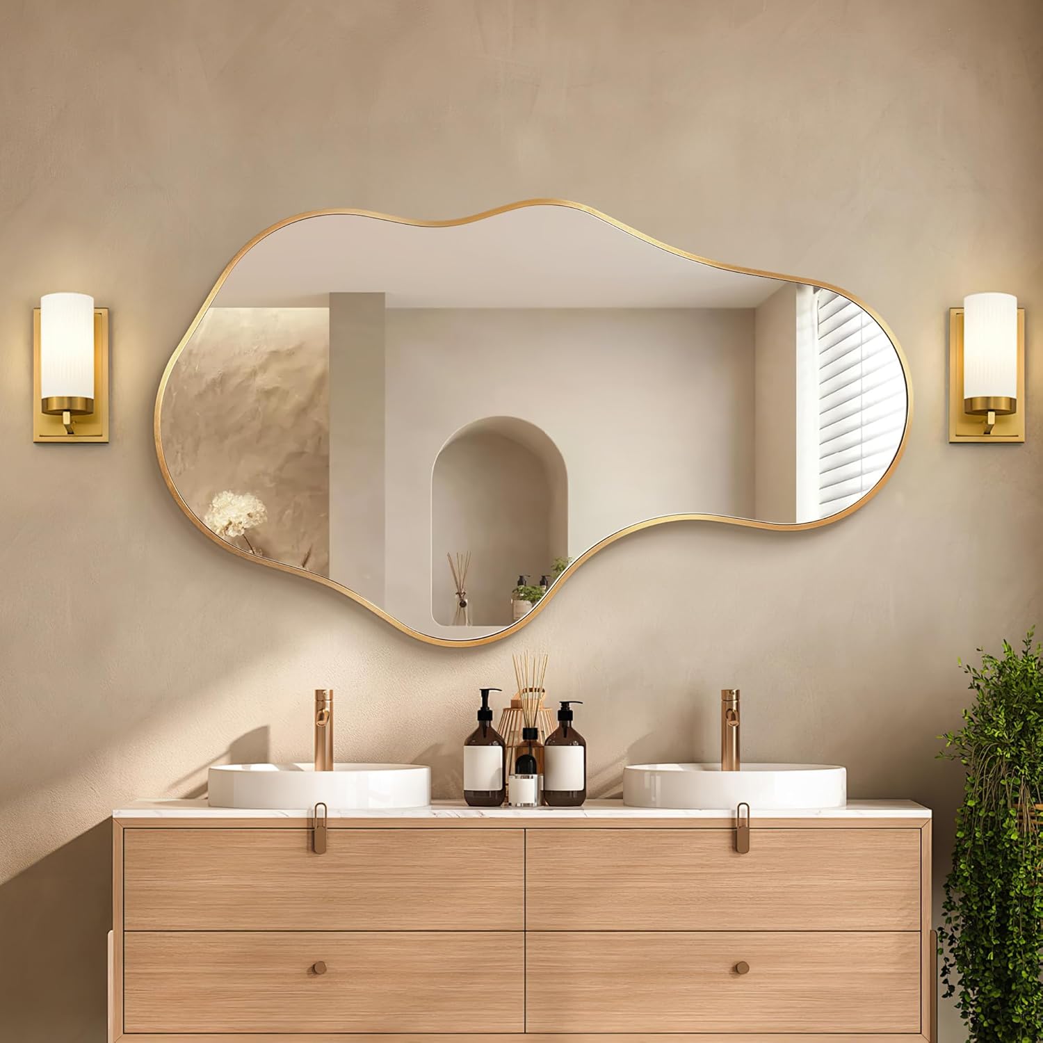Irregular Wall Mirror, 20"x36" Gold Abstract Asymmetrical Mirrors for Wall, Decorative Cloud Wavy Mirror for Bathroom, Bedroom, Cloakroom, Entryway, Shatter-Proof Aluminum Alloy Frame