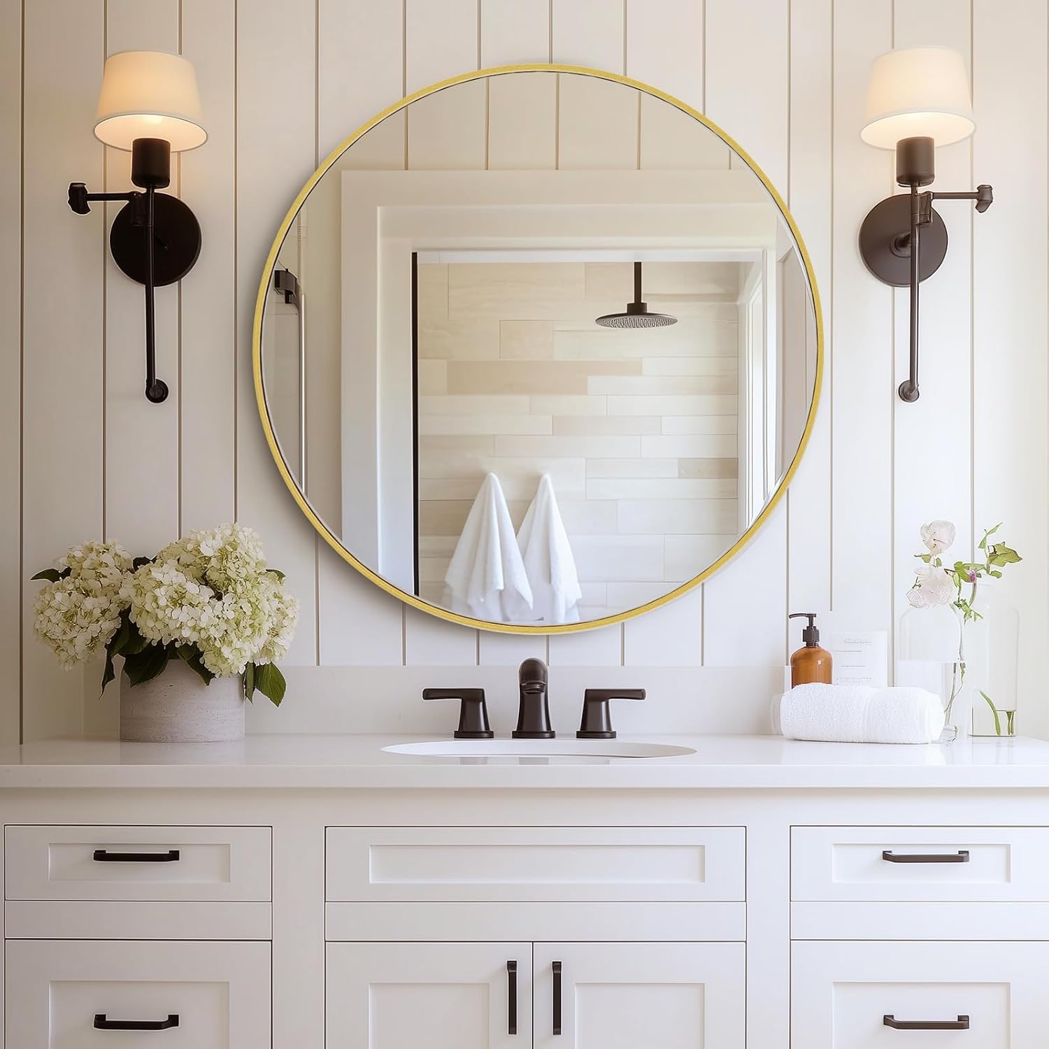 DUMOS Gold Circle Mirror for Wall 24.02 inch, Bathroom Round Mirror for Over Sink, Bathroom, Entryway, Bedroom, Vanity