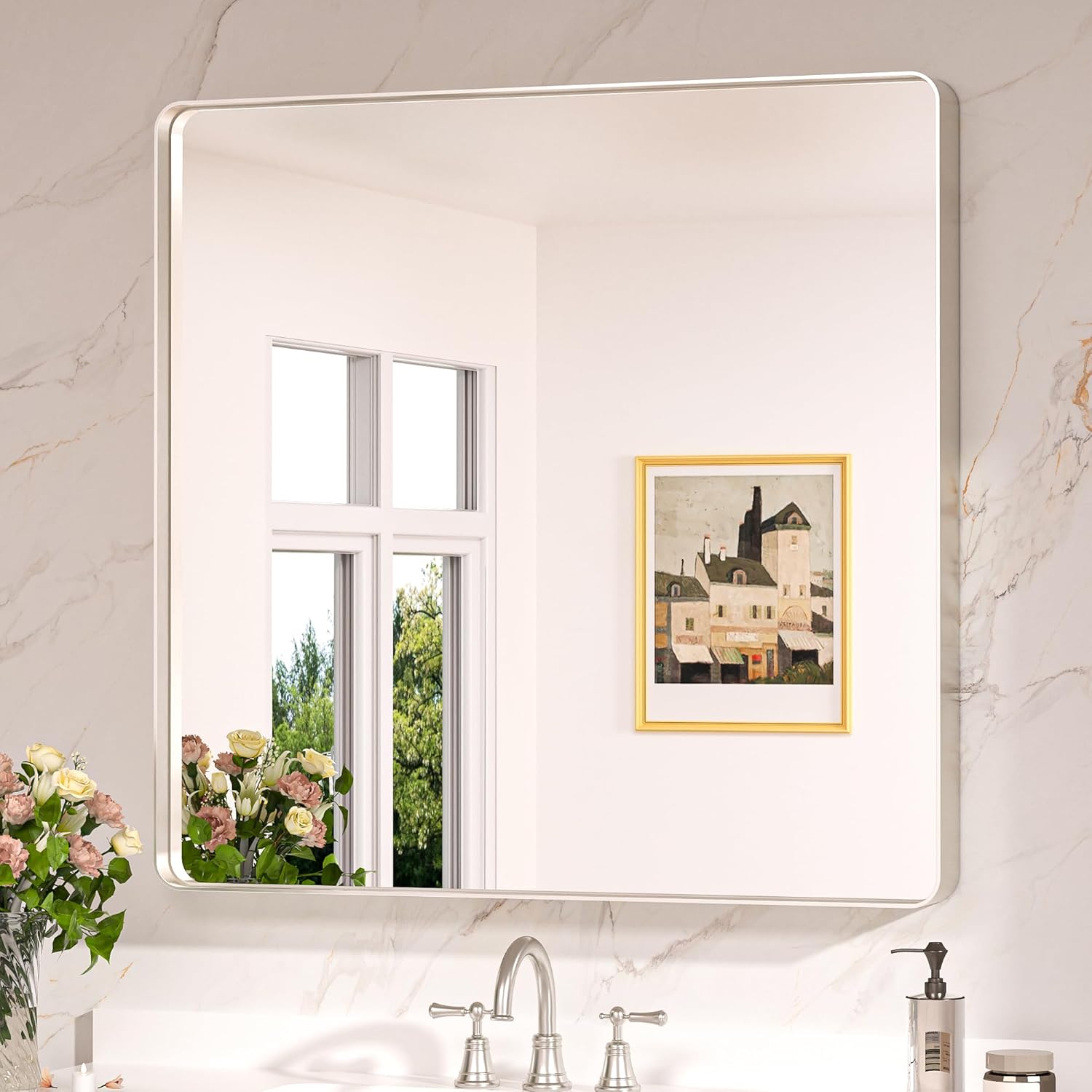 Keonjinn 20 x 30 Inch Brushed Nickel Bathroom Mirrors for Over Sink, Rounded Rectangle Silver Bathroom Vanity Mirror, Farmhouse Mirror for Wall, HD Tempered Glass, Anti-Rust Aluminum Alloy Mirror