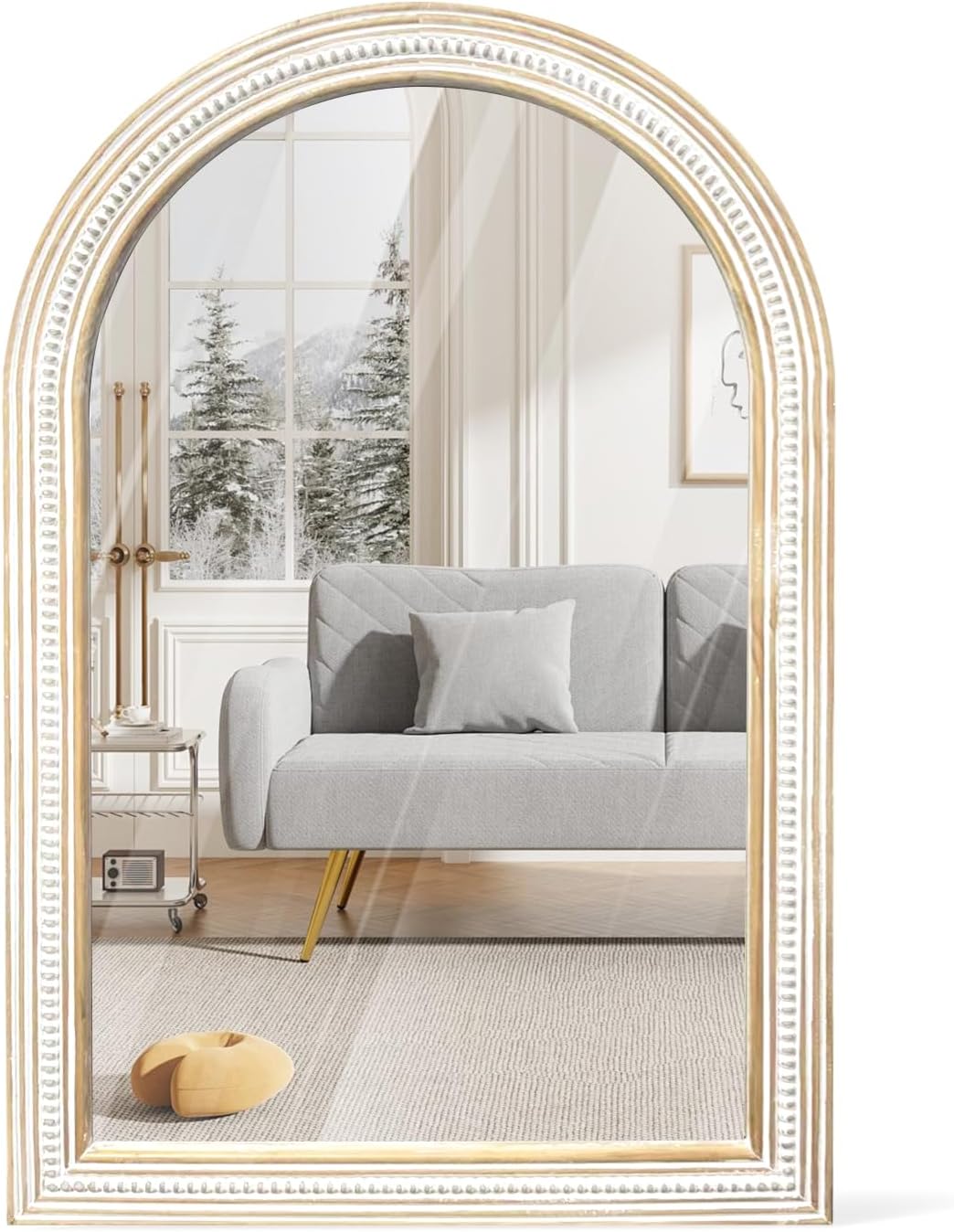 24 Inch Wooden Round Mirror for Wall Decor, Farmhouse Rustic Decorative Circle Mirrors with Beaded Frame, for Bedroom, Bathroom, Living Room, Entryway - Housewarming Gift