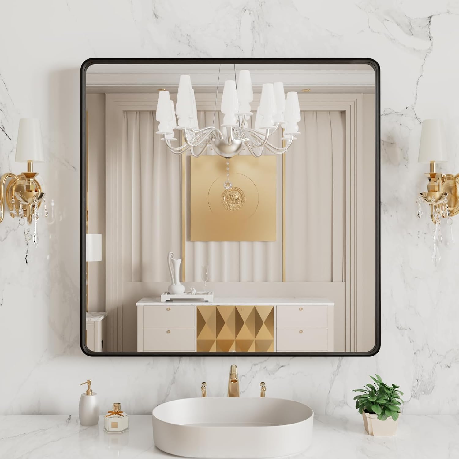 LOAAO 24”X36” Gold Bathroom Mirror, Rounded Rectangle Gold Frame Mirror, Brushed Gold Bathroom Vanity Mirror Wall-Mounted, Anti-Rust, Hangs Horizontally or Vertically