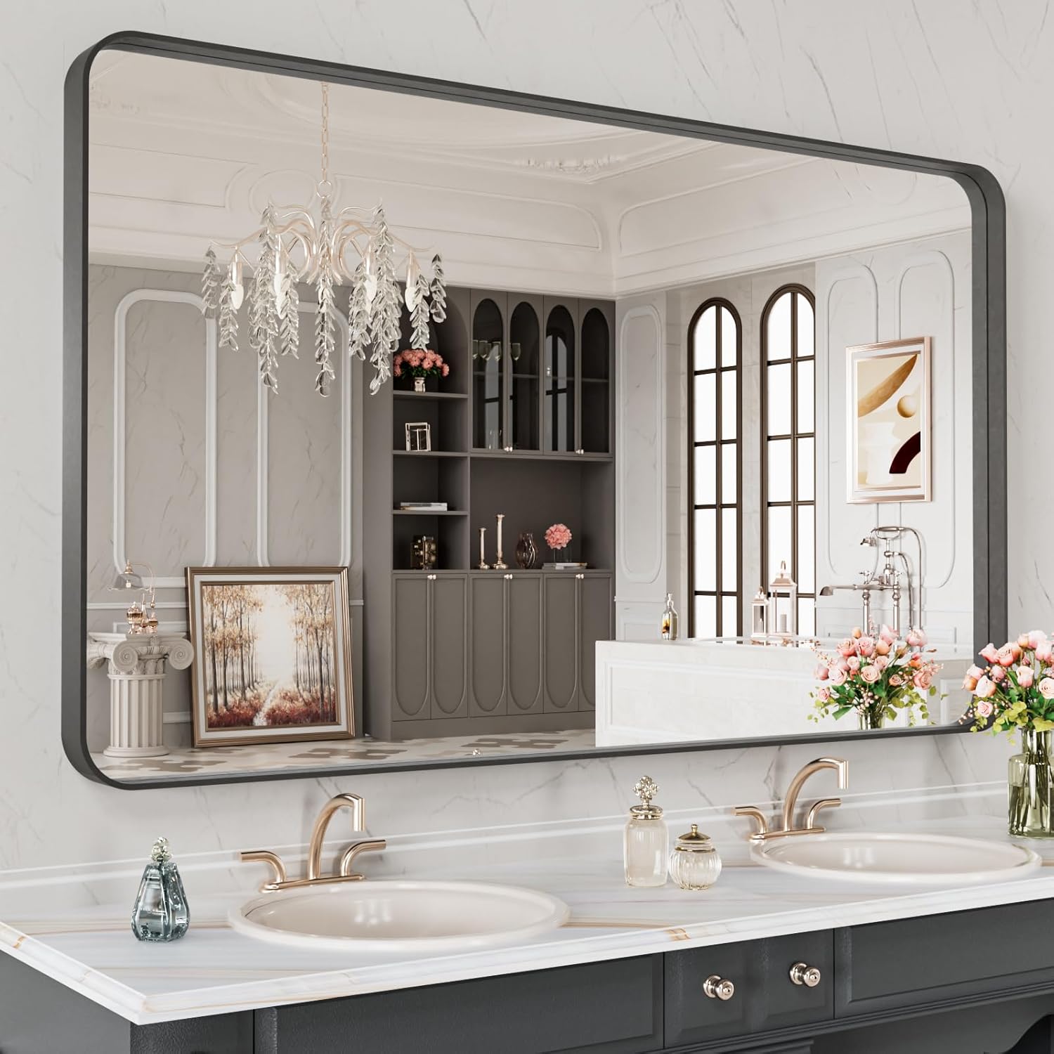 LOAAO 24”X36” Gold Bathroom Mirror, Rounded Rectangle Gold Frame Mirror, Brushed Gold Bathroom Vanity Mirror Wall-Mounted, Anti-Rust, Hangs Horizontally or Vertically