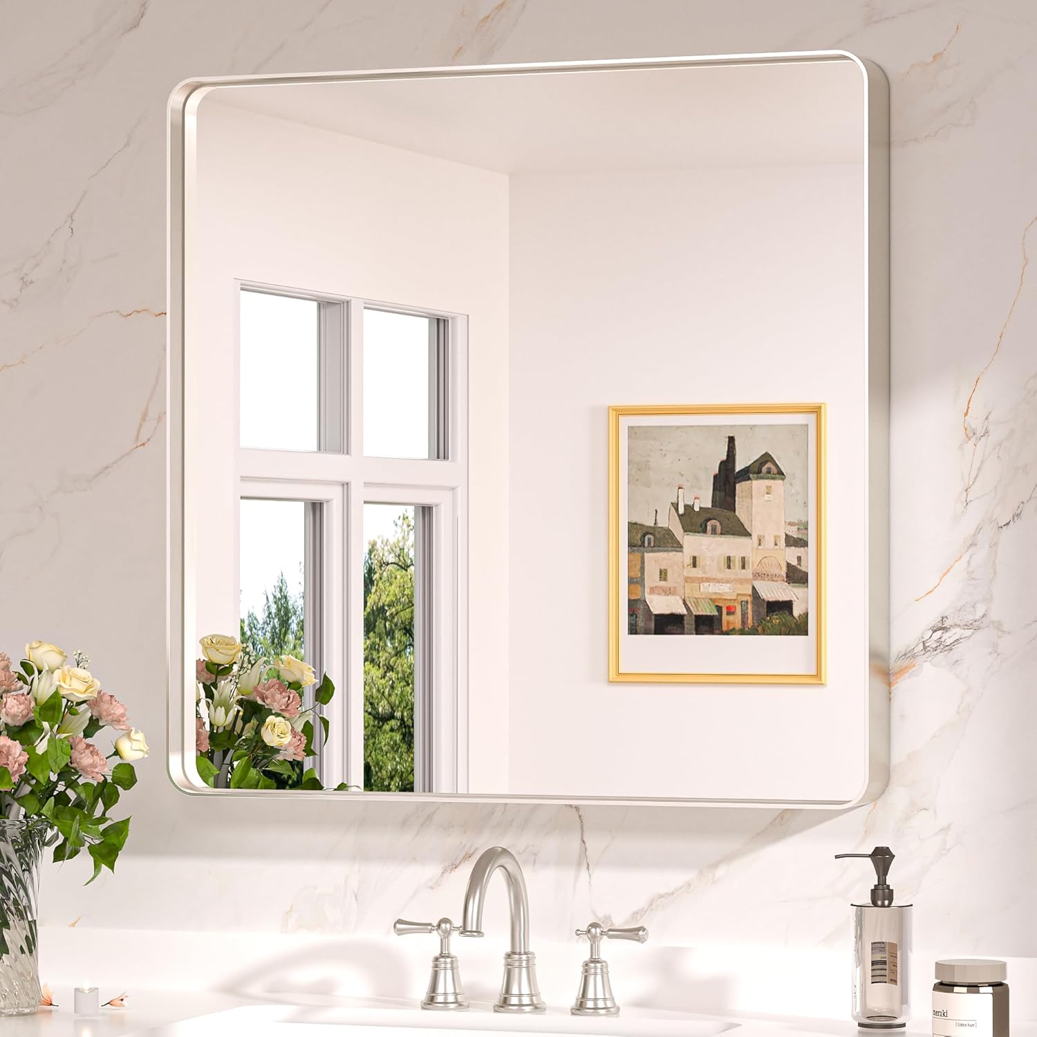 Keonjinn 20 x 30 Inch Brushed Nickel Bathroom Mirrors for Over Sink, Rounded Rectangle Silver Bathroom Vanity Mirror, Farmhouse Mirror for Wall, HD Tempered Glass, Anti-Rust Aluminum Alloy Mirror