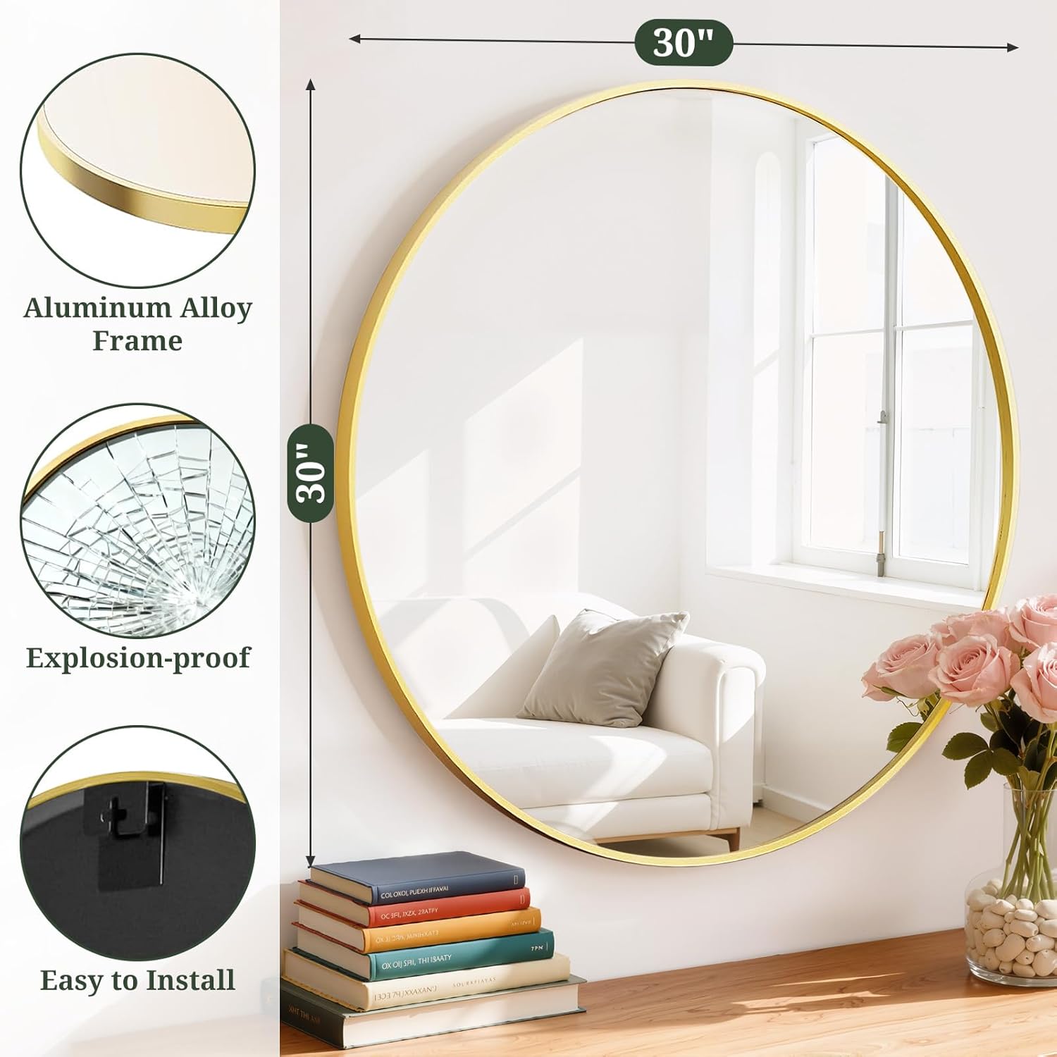 Round Wall Mirror 30 Inch Gold Vanity Mirror with Metal Frame, Modern Circle for Bathroom, Entryway, Bedroom, Living Room, Wall Mounted Decorative Mirrors