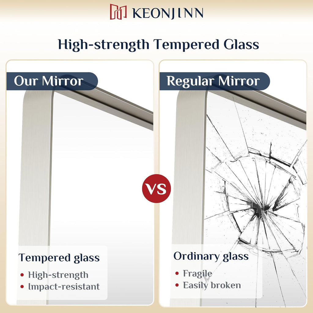 Keonjinn 20 x 30 Inch Brushed Nickel Bathroom Mirrors for Over Sink, Rounded Rectangle Silver Bathroom Vanity Mirror, Farmhouse Mirror for Wall, HD Tempered Glass, Anti-Rust Aluminum Alloy Mirror