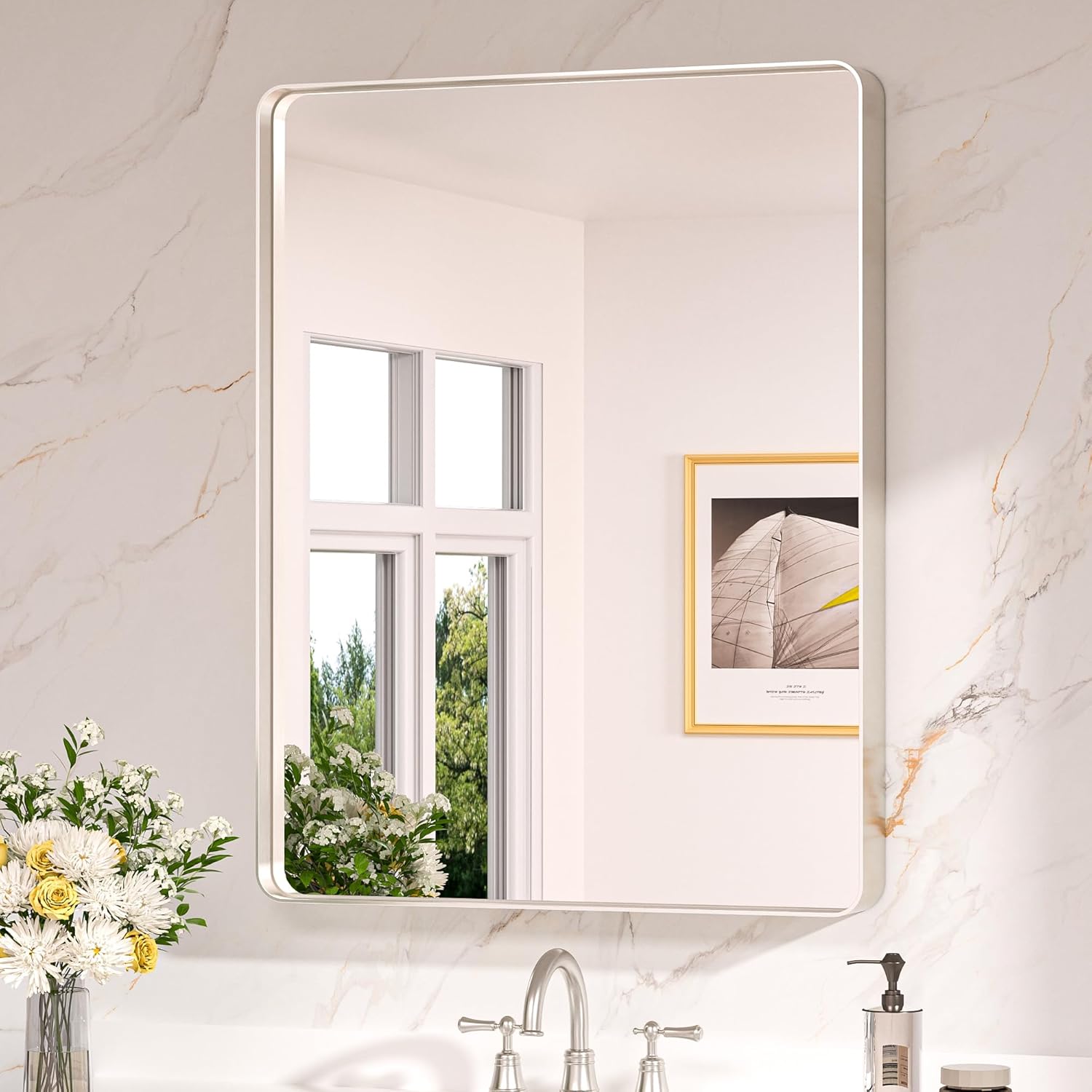 Keonjinn 20 x 30 Inch Brushed Nickel Bathroom Mirrors for Over Sink, Rounded Rectangle Silver Bathroom Vanity Mirror, Farmhouse Mirror for Wall, HD Tempered Glass, Anti-Rust Aluminum Alloy Mirror