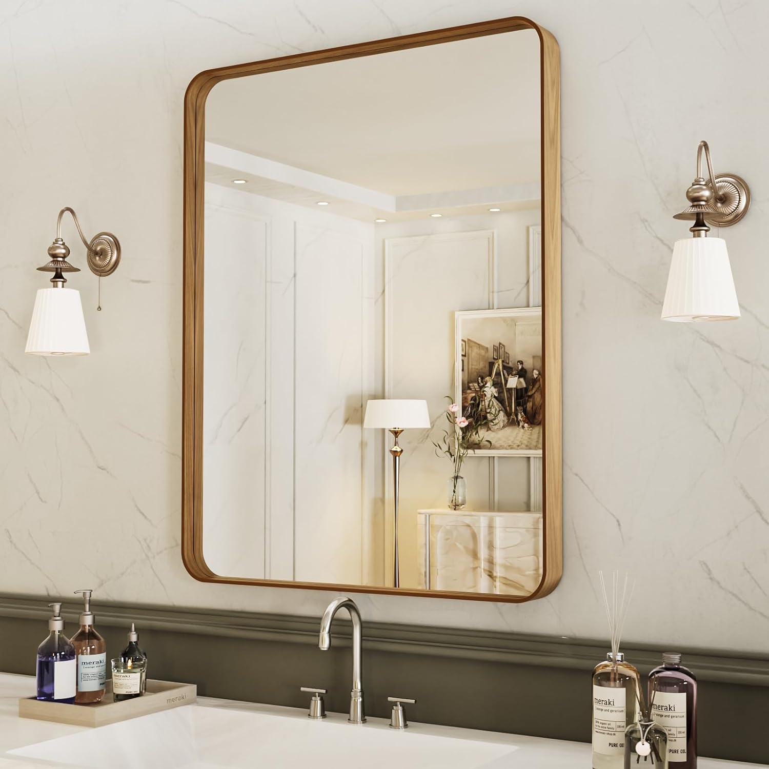 LOAAO 24”X36” Gold Bathroom Mirror, Rounded Rectangle Gold Frame Mirror, Brushed Gold Bathroom Vanity Mirror Wall-Mounted, Anti-Rust, Hangs Horizontally or Vertically