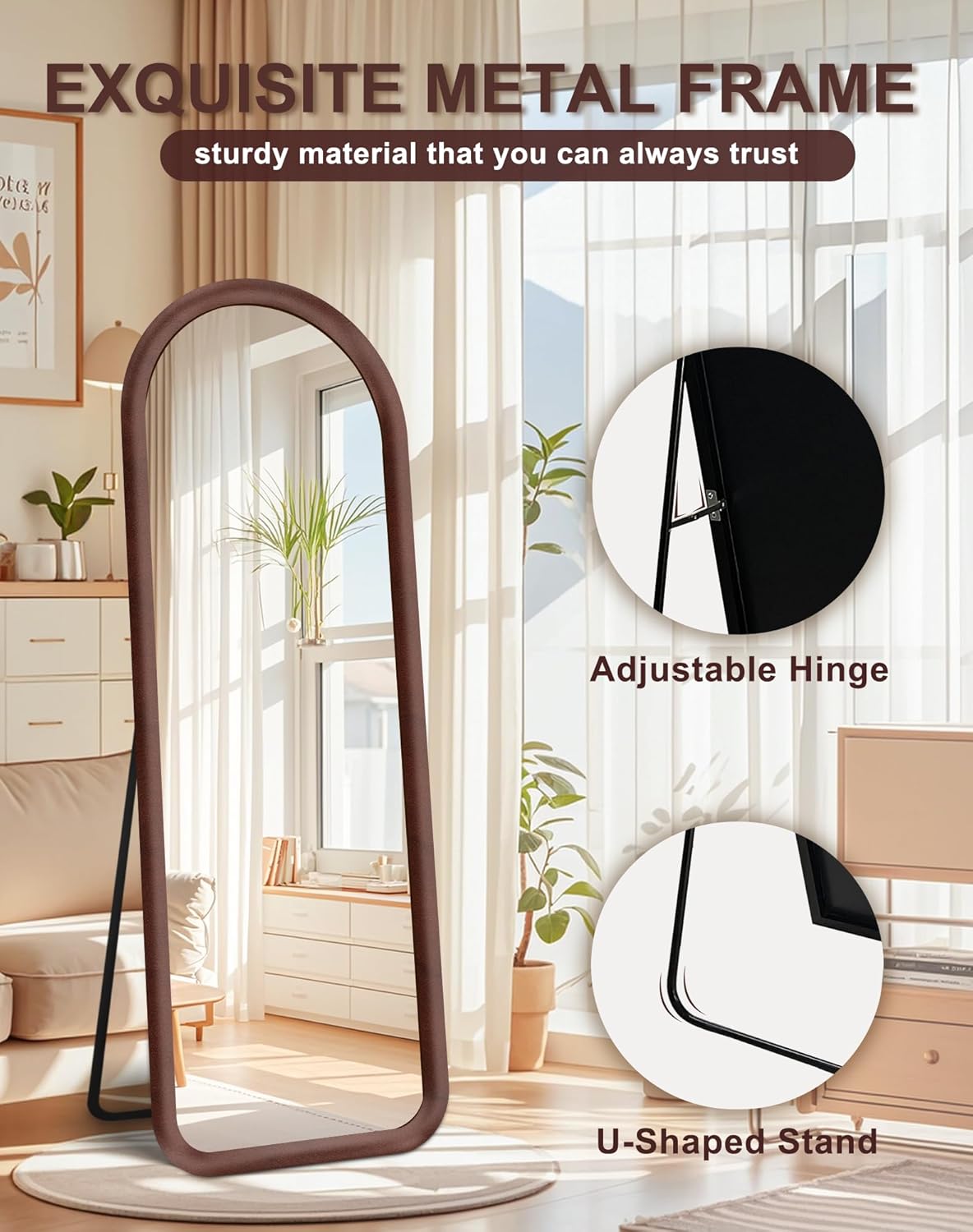 Delma Arched Full Length Mirror, Free Standing Floor Velvet Finish Frame Mirror for Leaning or Hanging, Soft Touch Bedroom & Living Room Decor, Brown