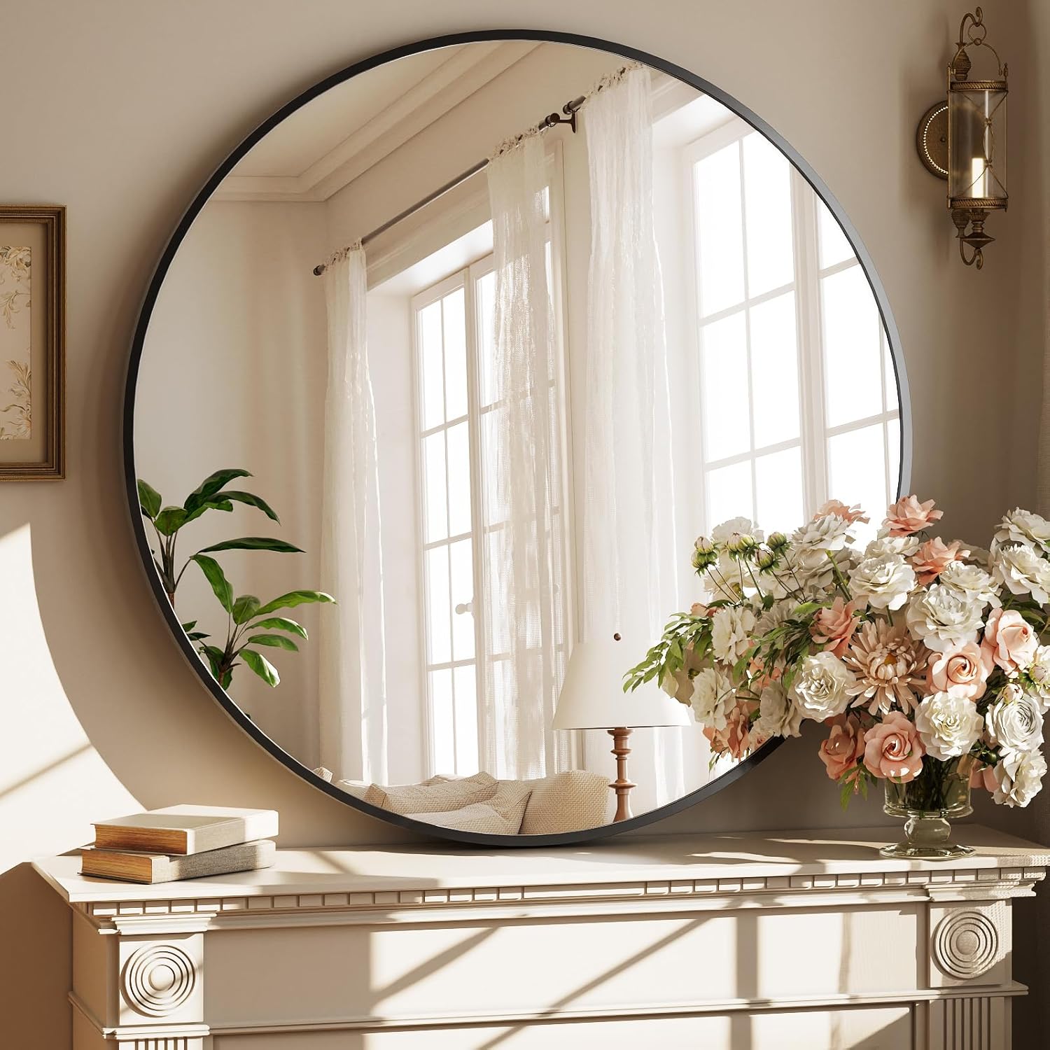 24 Inch Round Mirror - Circle Mirrors for Bathroom, Entryway and Living Room Wall Decor, Modern Hanging Vanity Mirror, Matte Black Circle Decorative Wall Mirror