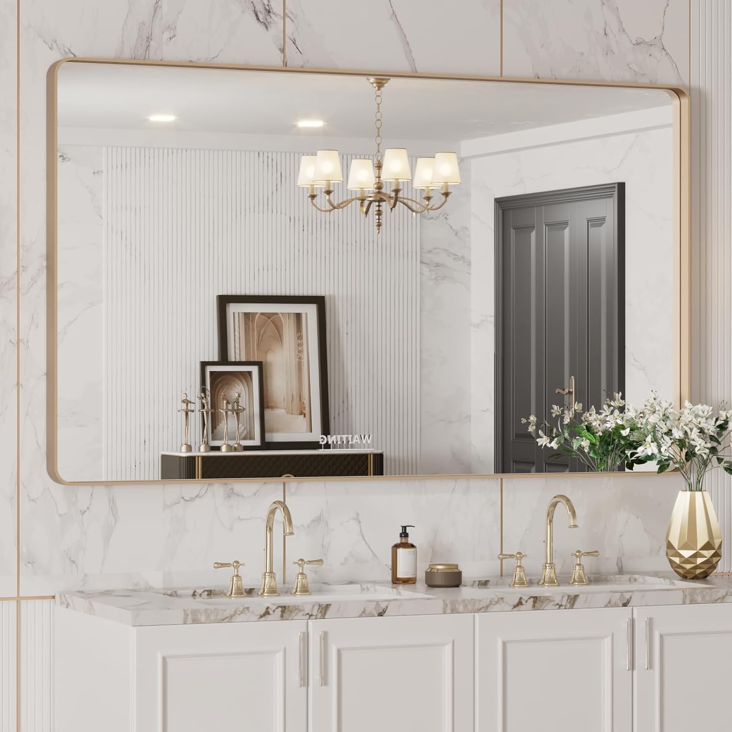 LOAAO 24”X36” Gold Bathroom Mirror, Rounded Rectangle Gold Frame Mirror, Brushed Gold Bathroom Vanity Mirror Wall-Mounted, Anti-Rust, Hangs Horizontally or Vertically