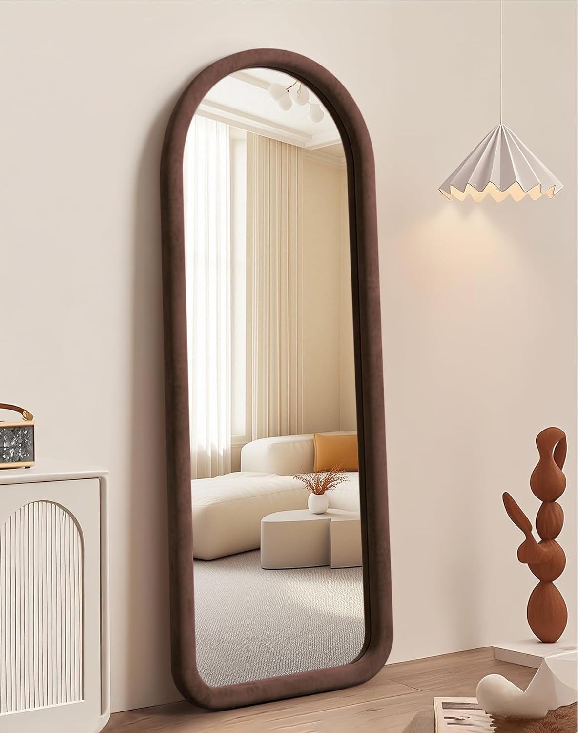 Delma Arched Full Length Mirror, Free Standing Floor Velvet Finish Frame Mirror for Leaning or Hanging, Soft Touch Bedroom & Living Room Decor, Brown