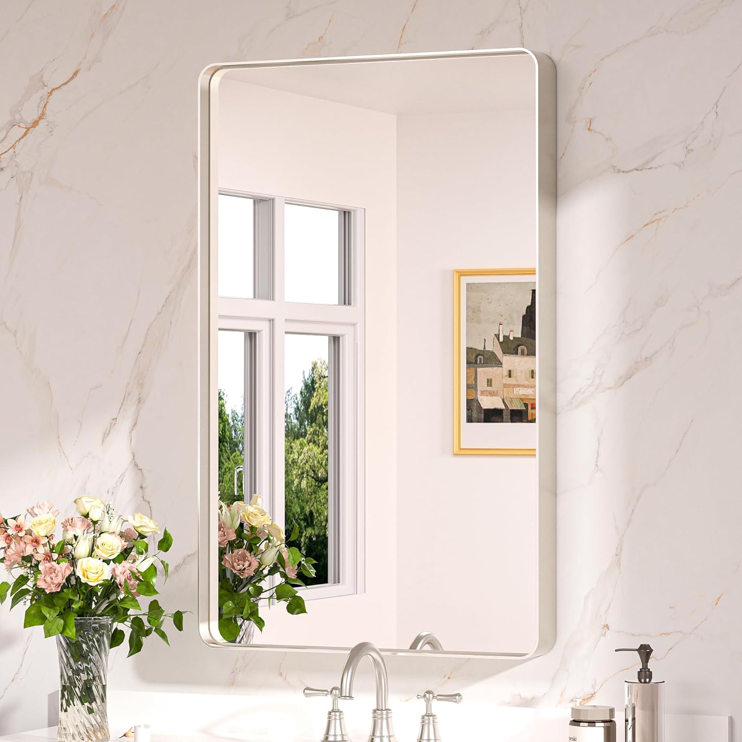 Keonjinn 20 x 30 Inch Brushed Nickel Bathroom Mirrors for Over Sink, Rounded Rectangle Silver Bathroom Vanity Mirror, Farmhouse Mirror for Wall, HD Tempered Glass, Anti-Rust Aluminum Alloy Mirror