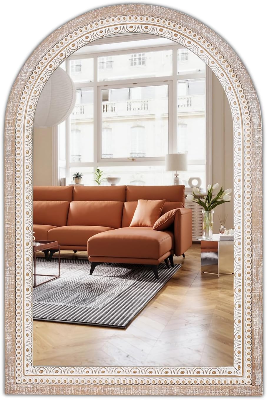 24 Inch Wooden Round Mirror for Wall Decor, Farmhouse Rustic Decorative Circle Mirrors with Beaded Frame, for Bedroom, Bathroom, Living Room, Entryway - Housewarming Gift