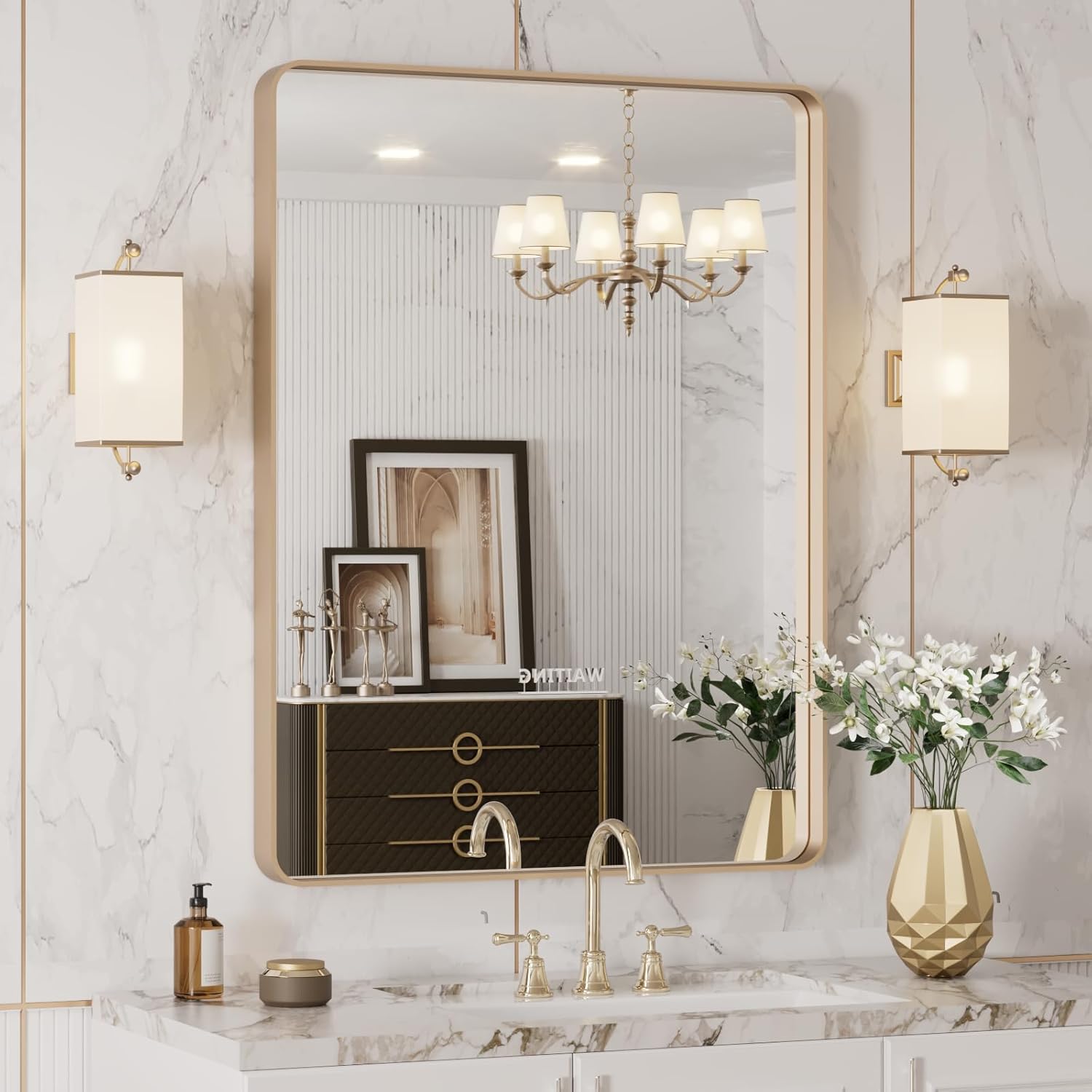 LOAAO 24”X36” Gold Bathroom Mirror, Rounded Rectangle Gold Frame Mirror, Brushed Gold Bathroom Vanity Mirror Wall-Mounted, Anti-Rust, Hangs Horizontally or Vertically