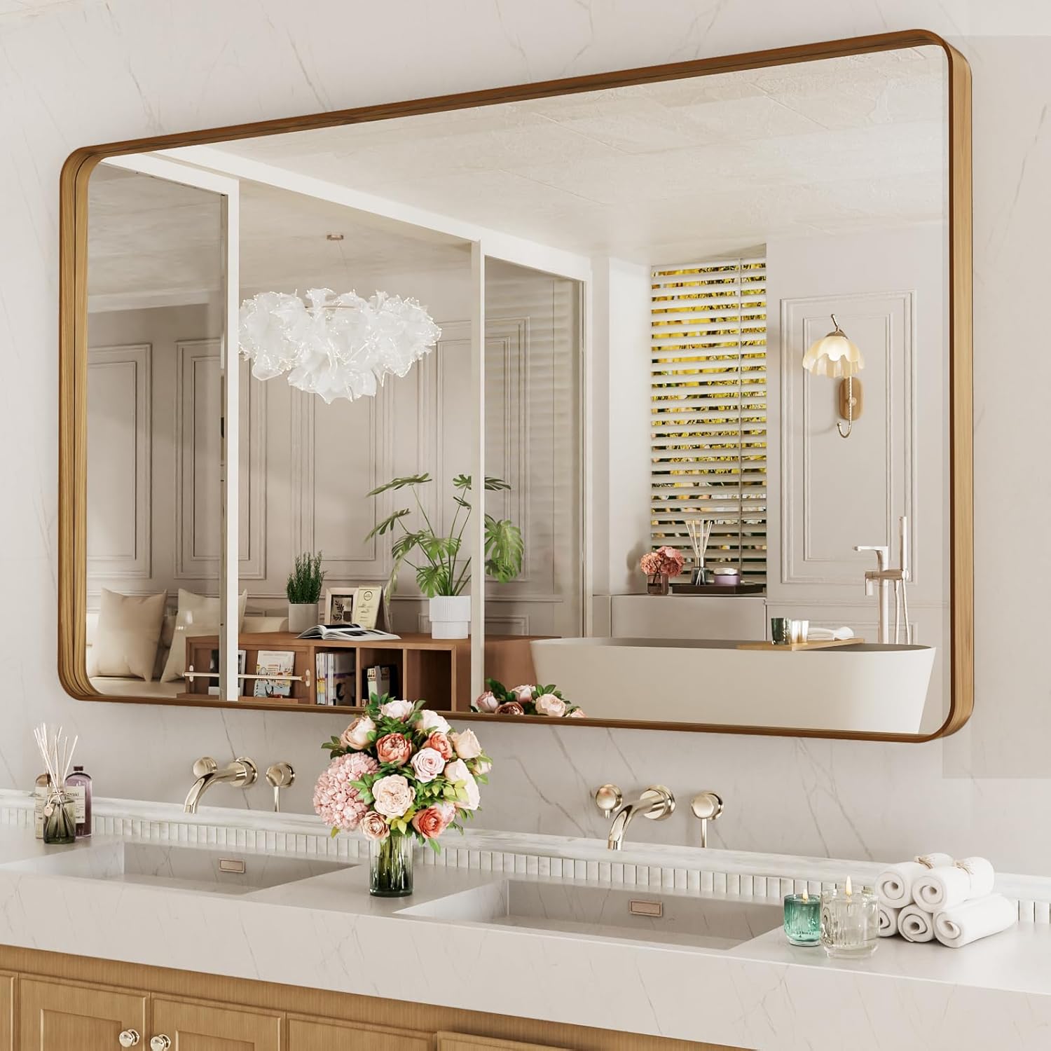 LOAAO 24”X36” Gold Bathroom Mirror, Rounded Rectangle Gold Frame Mirror, Brushed Gold Bathroom Vanity Mirror Wall-Mounted, Anti-Rust, Hangs Horizontally or Vertically