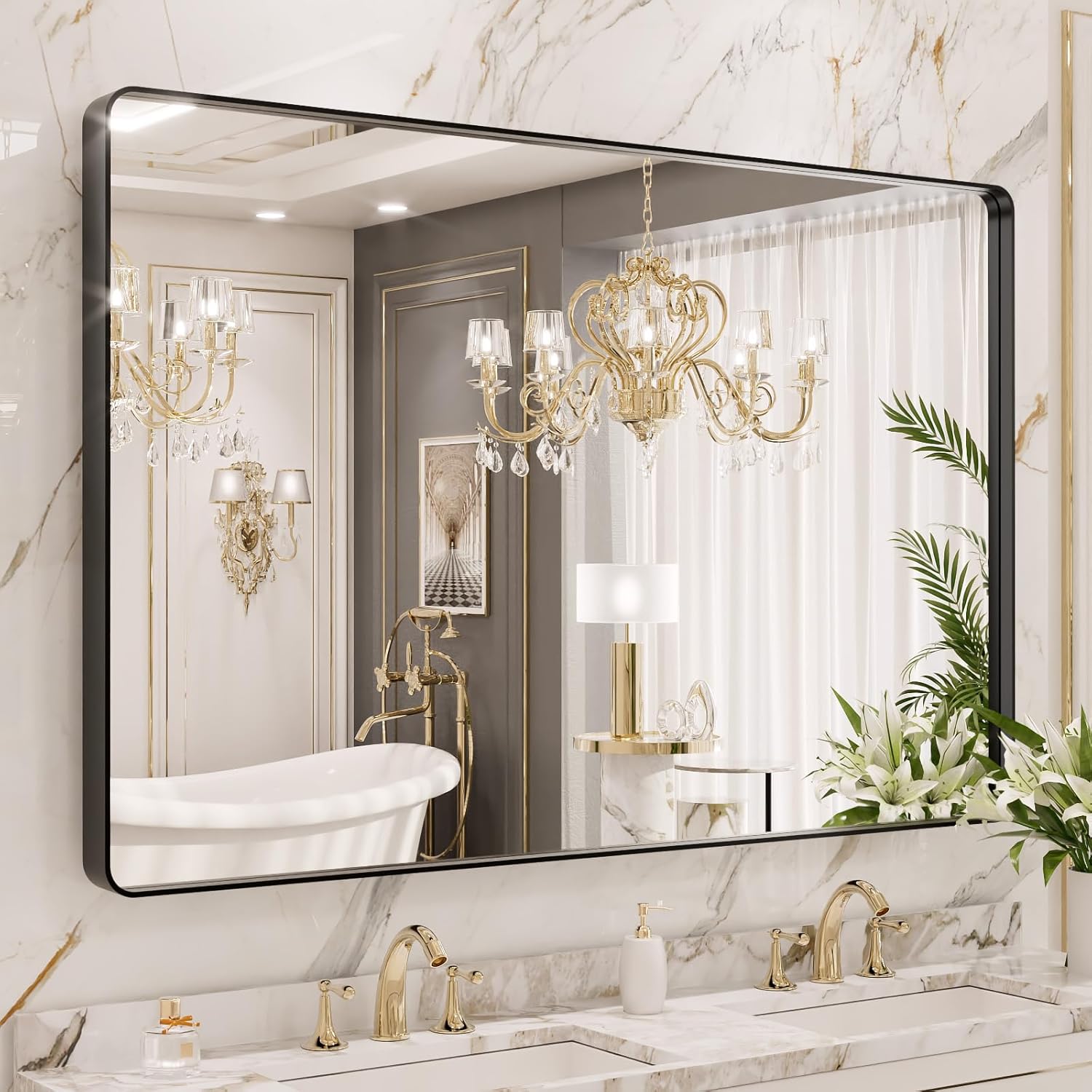 LOAAO 24”X36” Gold Bathroom Mirror, Rounded Rectangle Gold Frame Mirror, Brushed Gold Bathroom Vanity Mirror Wall-Mounted, Anti-Rust, Hangs Horizontally or Vertically