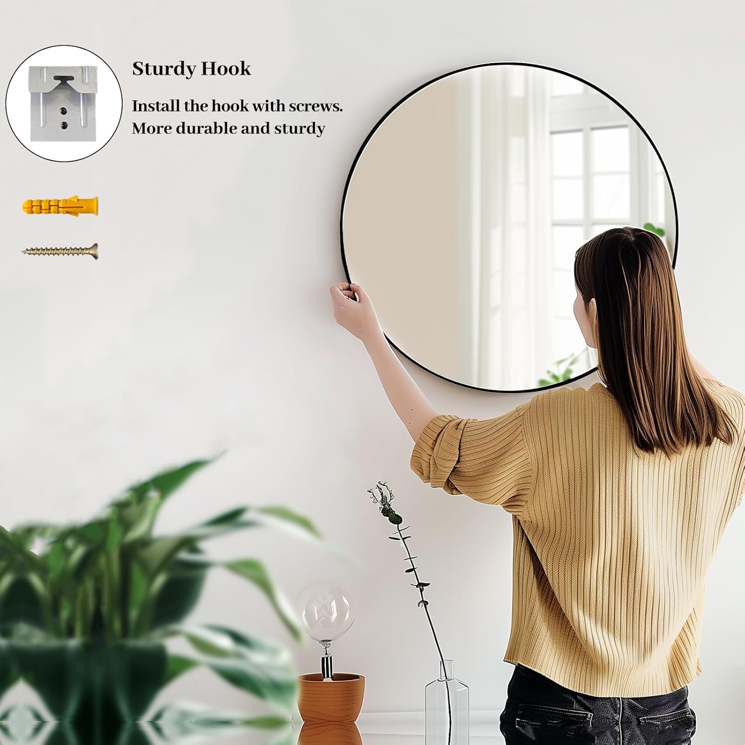 Black Round Mirror, Round Mirror 24 inch, Black Circle Mirrors Metal Frame, Wall Mounted Mirrors for Living Room, Bathroom, Wall, Entryway, Rustic.