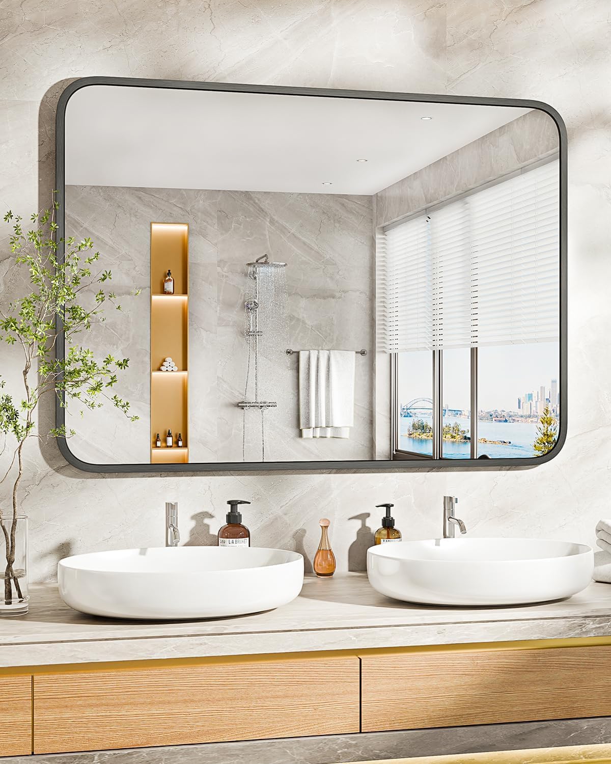 30" x 22" Bathroom Mirror Black Bathroom Mirrors for Over Sink Modern Bathroom Vanity Mirror for Bedroom Entryway or Living, Metal Framed HD Tempered Glass Room Horizontal or Vertical