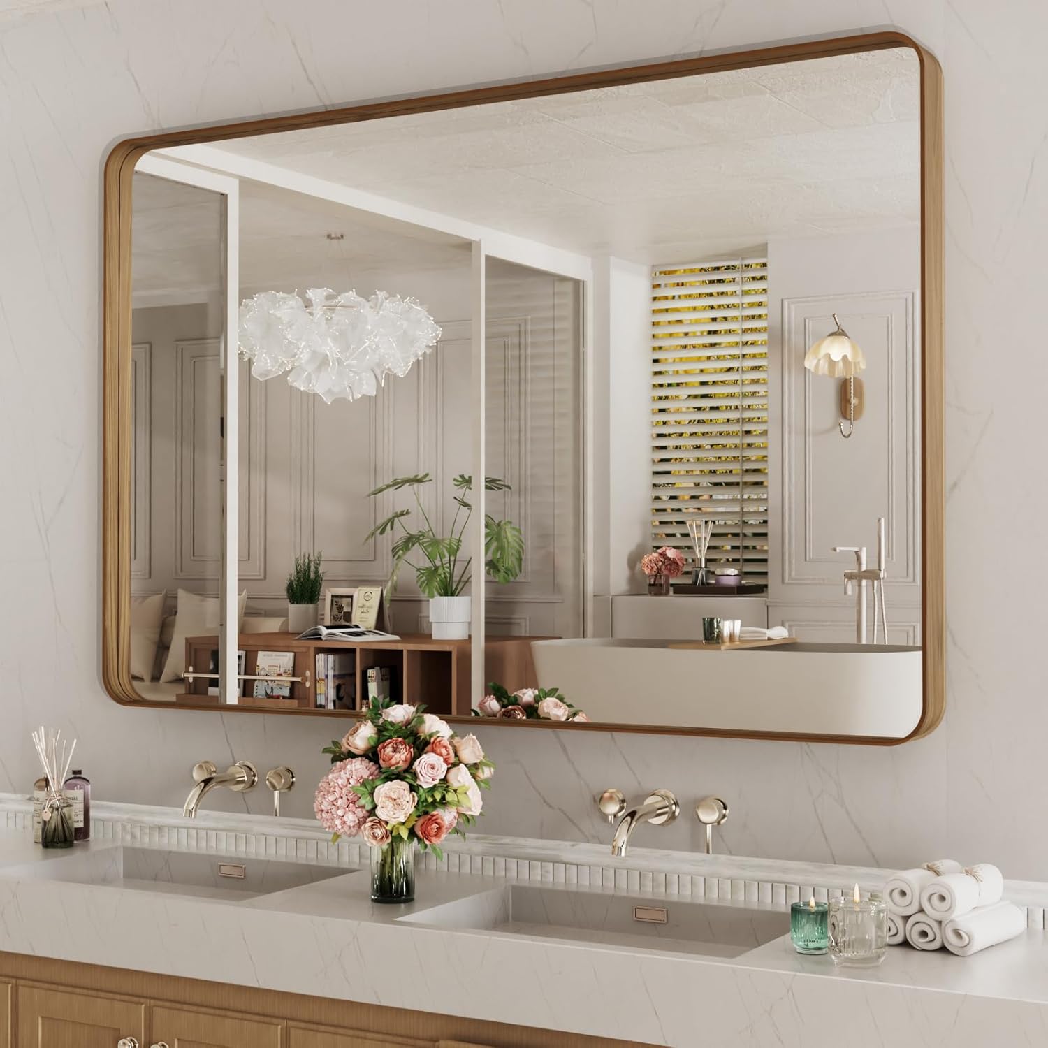 LOAAO 24”X36” Gold Bathroom Mirror, Rounded Rectangle Gold Frame Mirror, Brushed Gold Bathroom Vanity Mirror Wall-Mounted, Anti-Rust, Hangs Horizontally or Vertically