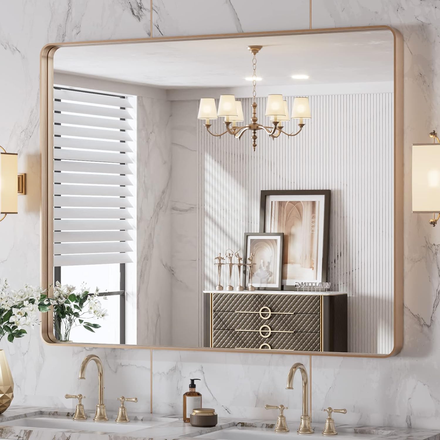 LOAAO 24”X36” Gold Bathroom Mirror, Rounded Rectangle Gold Frame Mirror, Brushed Gold Bathroom Vanity Mirror Wall-Mounted, Anti-Rust, Hangs Horizontally or Vertically