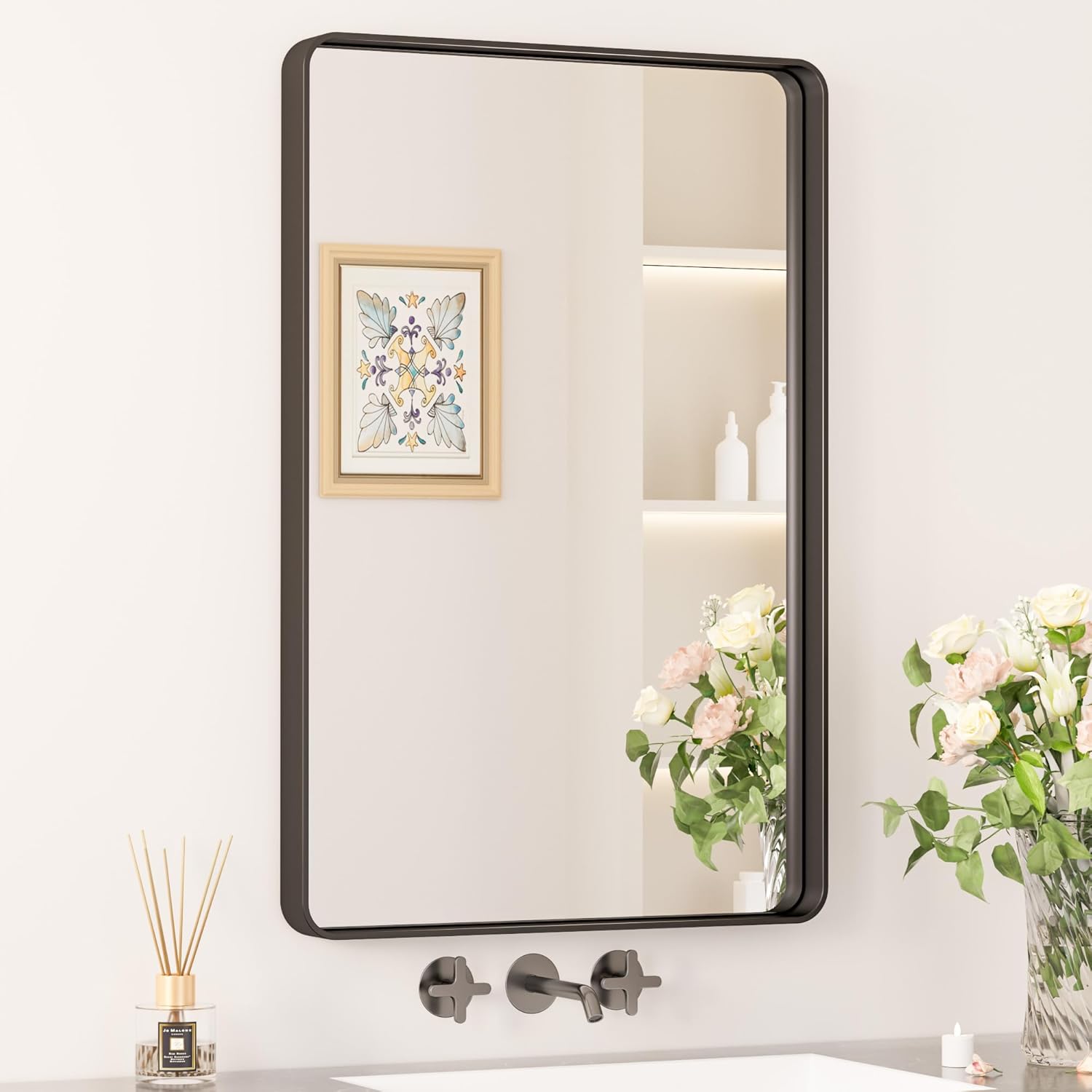 Keonjinn 20 x 30 Inch Brushed Nickel Bathroom Mirrors for Over Sink, Rounded Rectangle Silver Bathroom Vanity Mirror, Farmhouse Mirror for Wall, HD Tempered Glass, Anti-Rust Aluminum Alloy Mirror