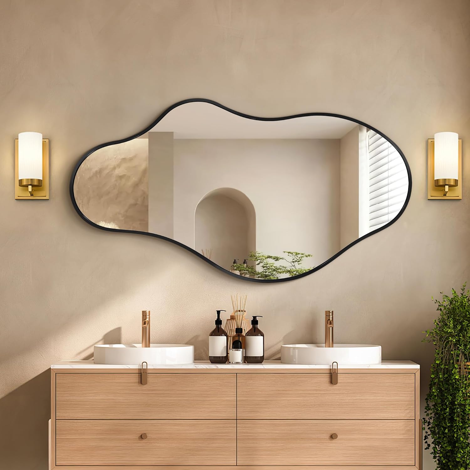 Irregular Wall Mirror, 20"x36" Gold Abstract Asymmetrical Mirrors for Wall, Decorative Cloud Wavy Mirror for Bathroom, Bedroom, Cloakroom, Entryway, Shatter-Proof Aluminum Alloy Frame