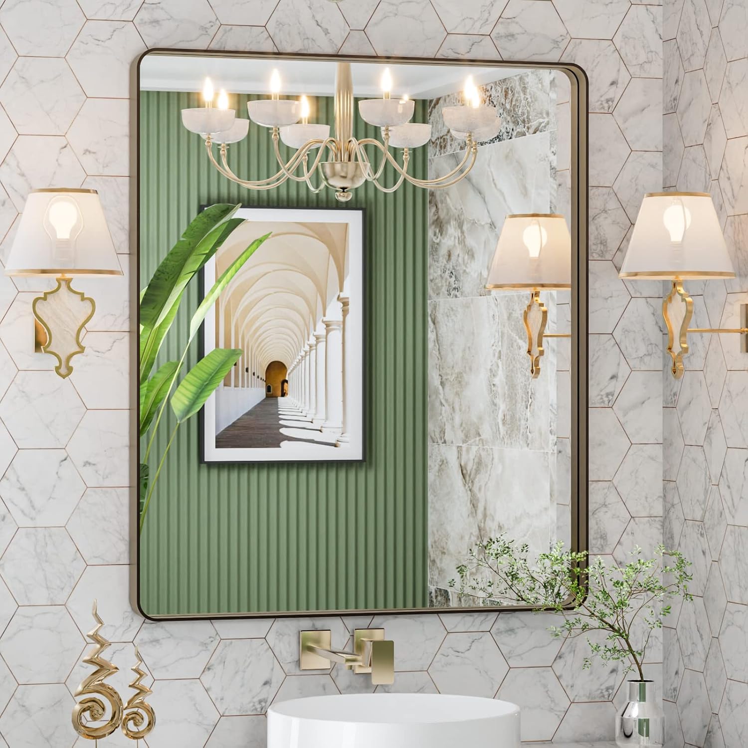 LOAAO 24”X36” Gold Bathroom Mirror, Rounded Rectangle Gold Frame Mirror, Brushed Gold Bathroom Vanity Mirror Wall-Mounted, Anti-Rust, Hangs Horizontally or Vertically
