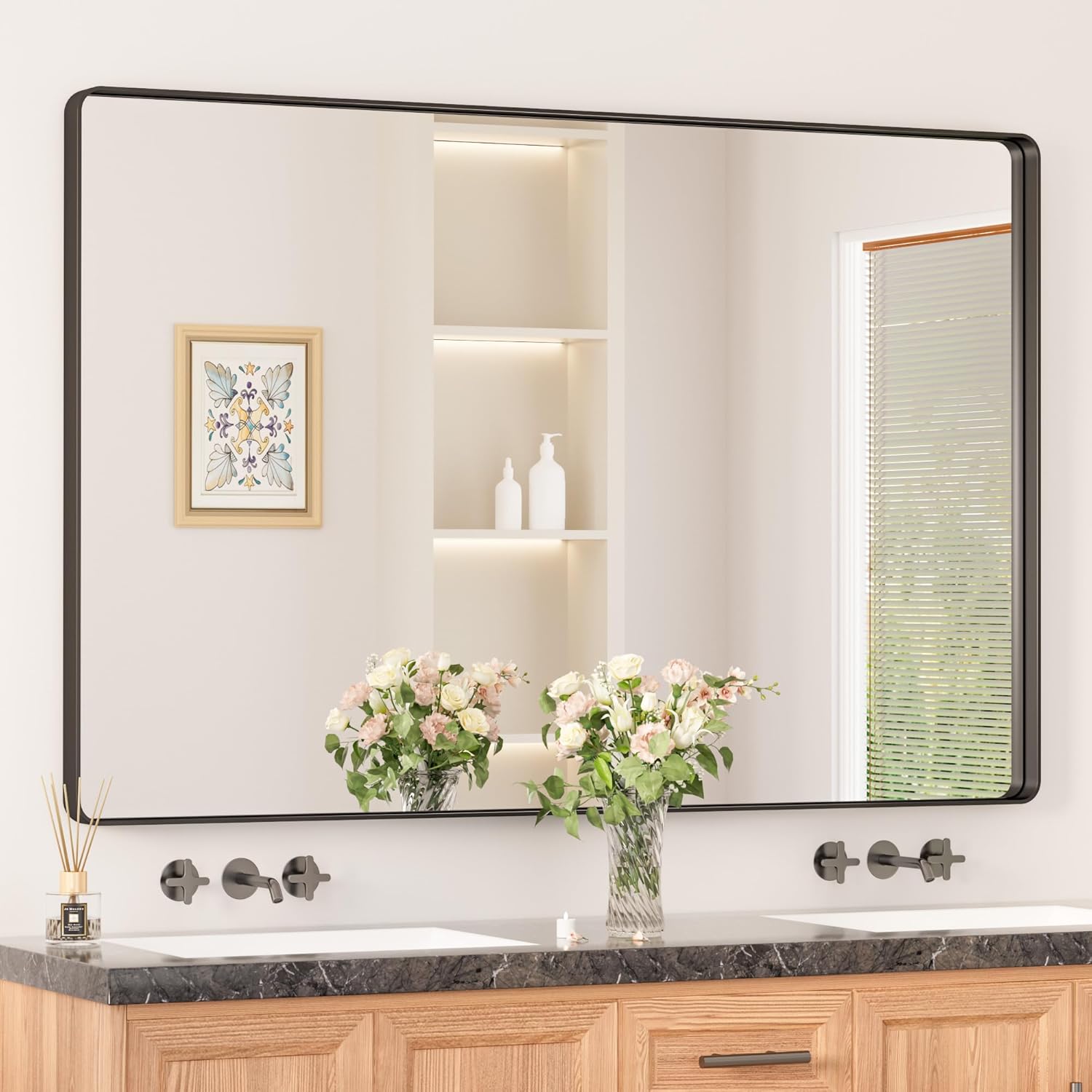Keonjinn 20 x 30 Inch Brushed Nickel Bathroom Mirrors for Over Sink, Rounded Rectangle Silver Bathroom Vanity Mirror, Farmhouse Mirror for Wall, HD Tempered Glass, Anti-Rust Aluminum Alloy Mirror