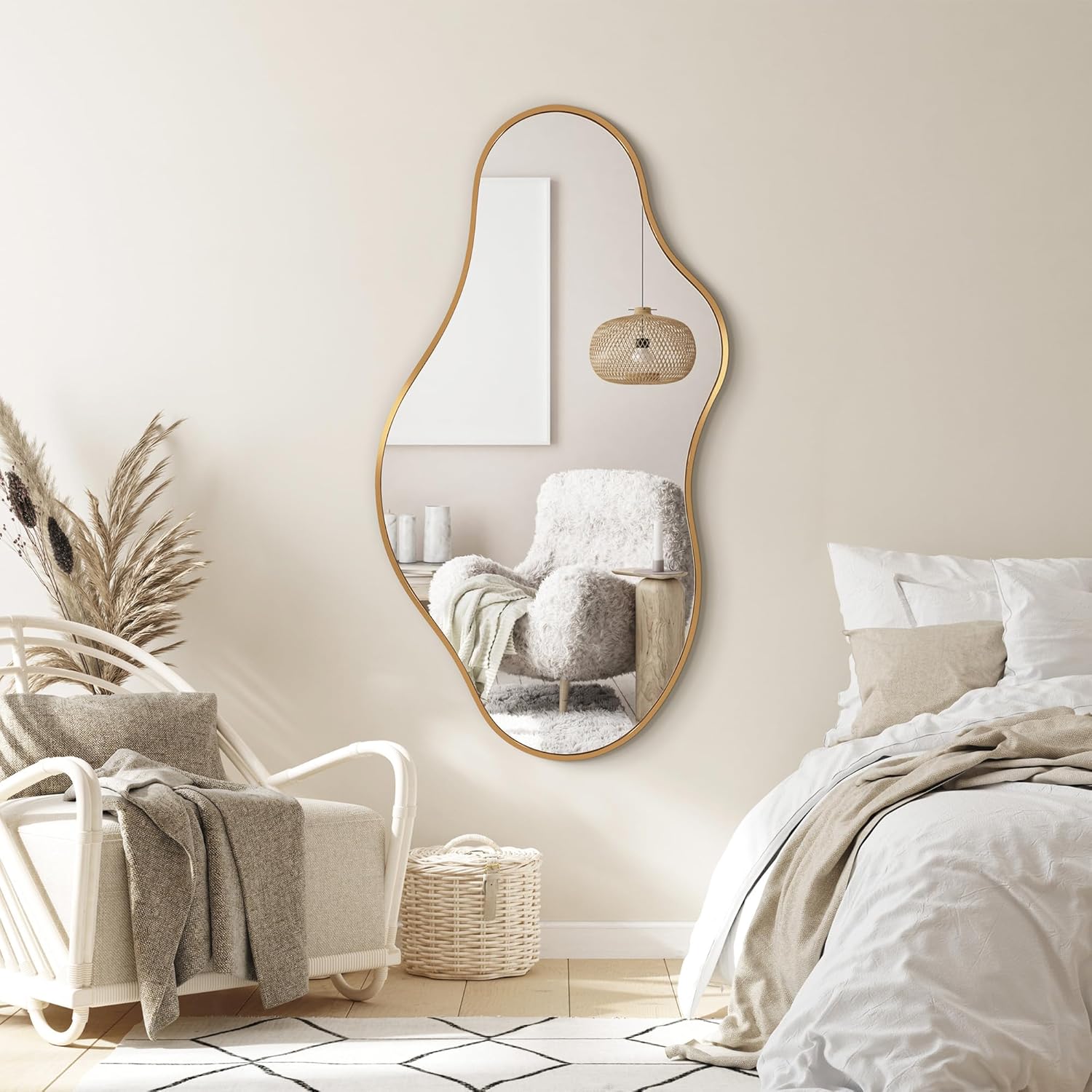 Irregular Wall Mirror, 20"x36" Gold Abstract Asymmetrical Mirrors for Wall, Decorative Cloud Wavy Mirror for Bathroom, Bedroom, Cloakroom, Entryway, Shatter-Proof Aluminum Alloy Frame