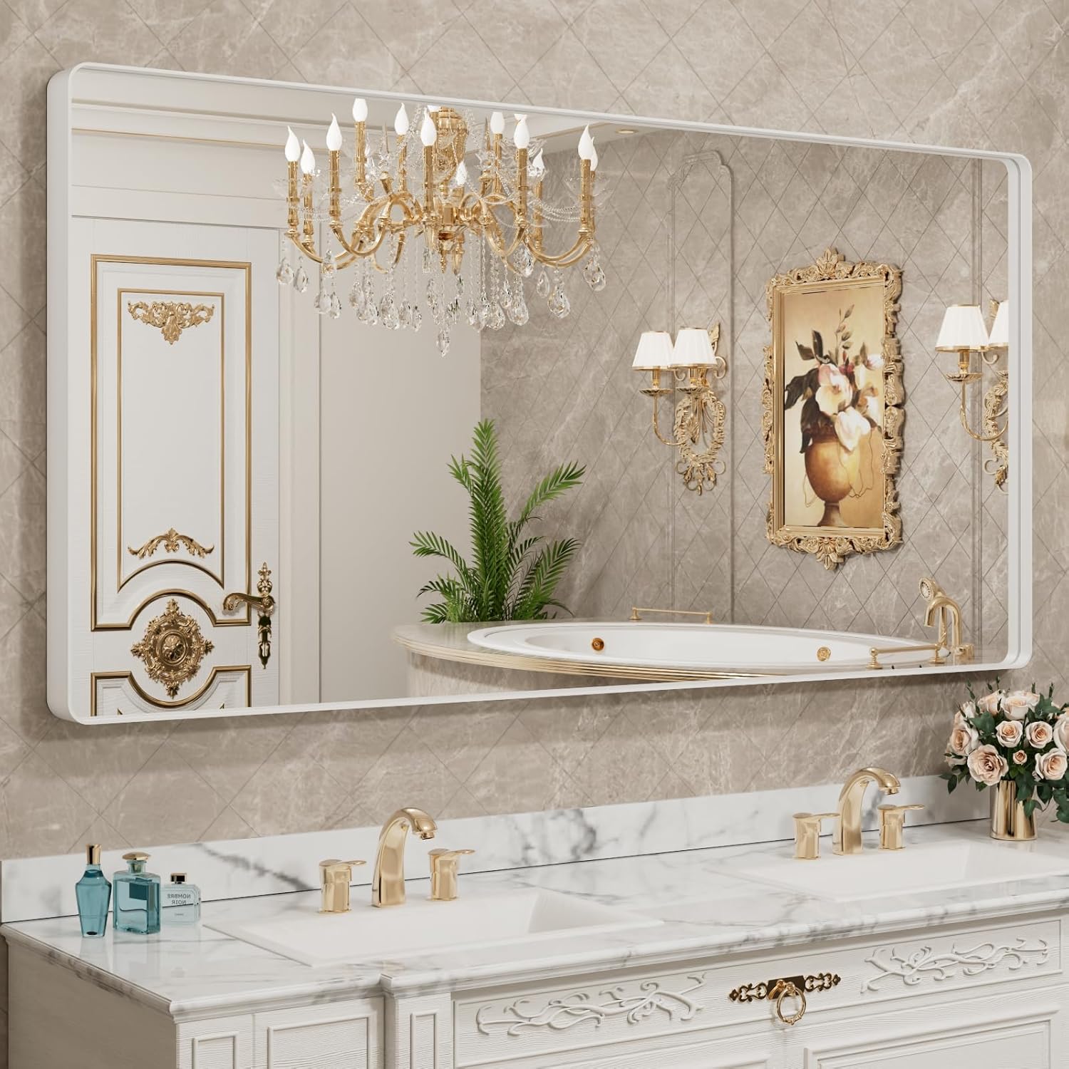 LOAAO 24”X36” Gold Bathroom Mirror, Rounded Rectangle Gold Frame Mirror, Brushed Gold Bathroom Vanity Mirror Wall-Mounted, Anti-Rust, Hangs Horizontally or Vertically