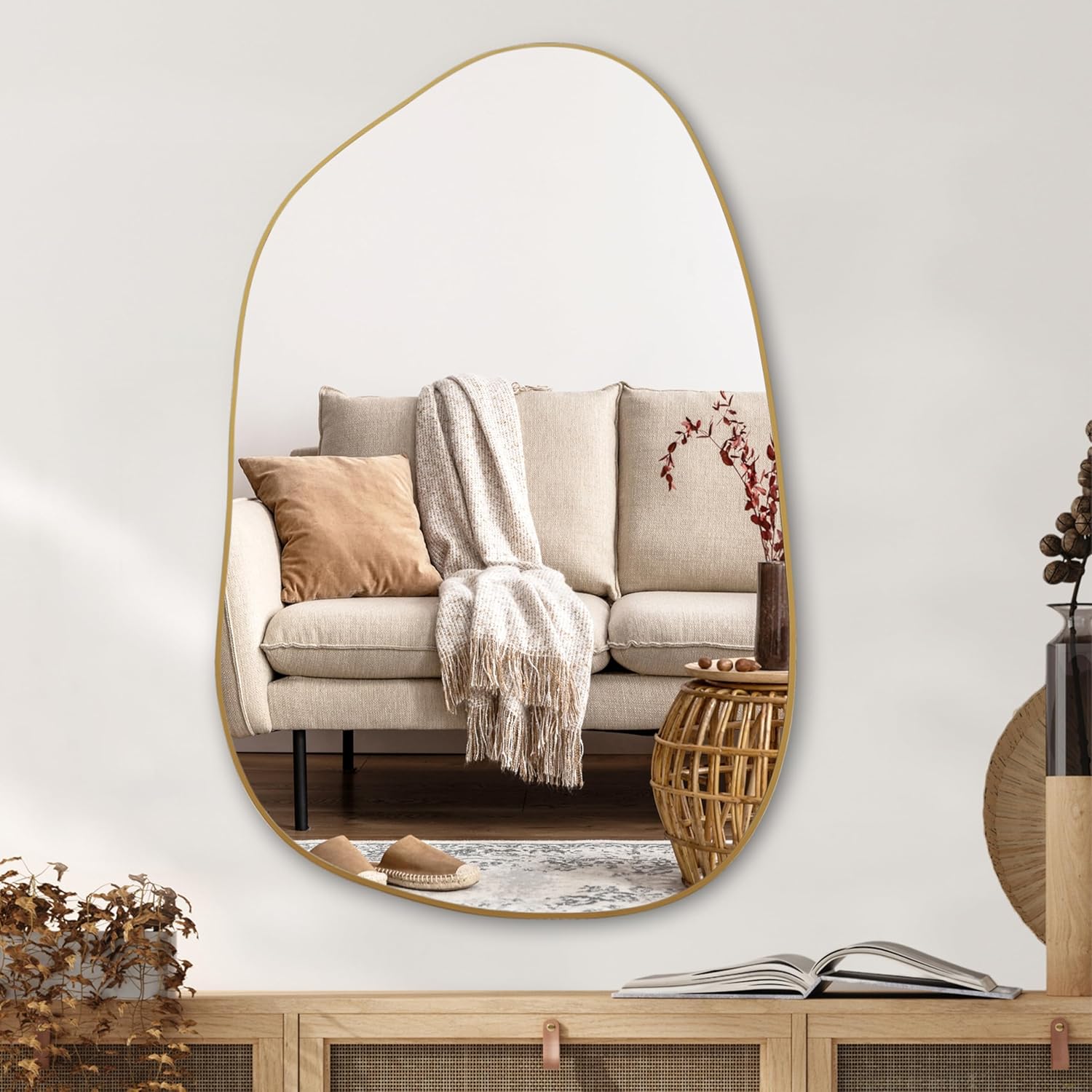 PERFNIQUE Irregular Wall Mirror Asymmetrical Mirror, 32''x24'' Gold Mirror for Bathroom Bedroom Living Room Entryway, Decorative Modern Boho Decor, Wall Mouted(Gold, 32''x24'')