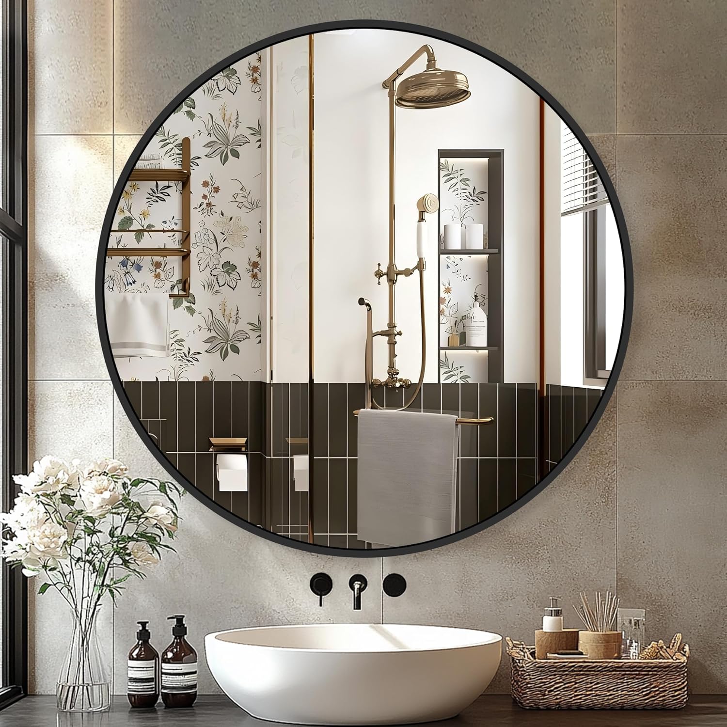 22 Inch Black Round Circle Mirror for Wall,Modern Bathroom Mirrors with Simple Metal Frame, Entryway, Bedroom Vanity, Living Room, Hallway Decor (Matte Black, Wall Mounted)